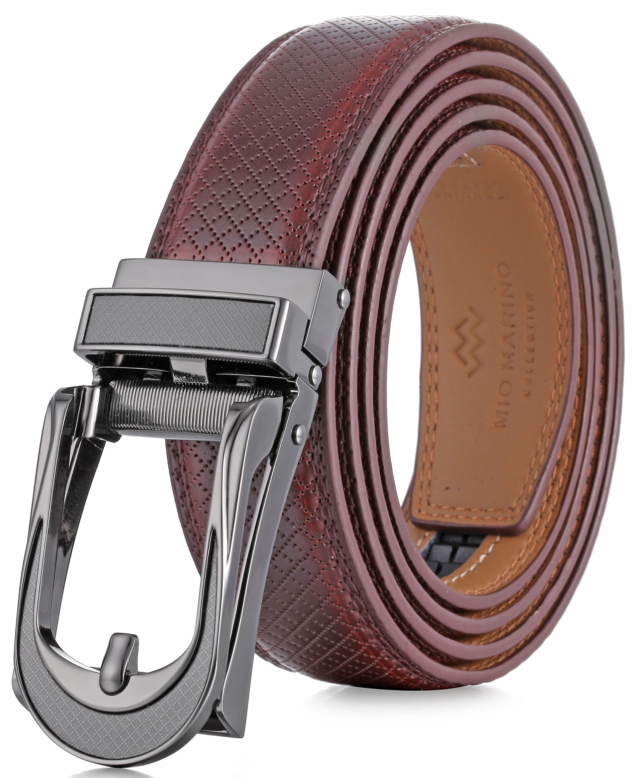 Mio Marino Mens Genuine Leather Ratchet Dress Belt with Open Linxx Leather Buckle, Enclosed in an Elegant Gift Box - Roundabout Linxx - Mahogany - Adjustable from 48" to 64" Waist
