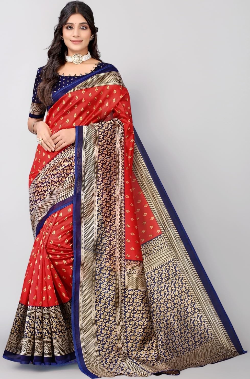 Satrani Women's Printed Poly Silk Saree with Unstitched Blouse Piece