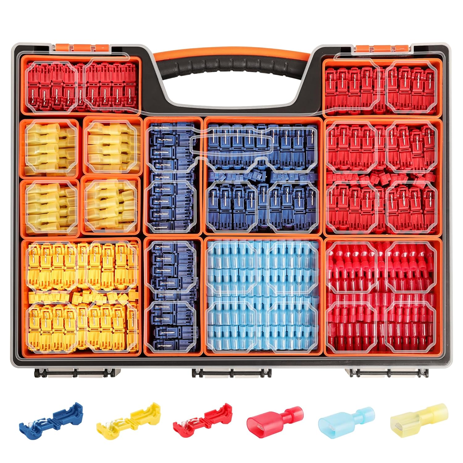 Kuject T Tap Wire Connectors Kit with Organizers, 1200PCS (600 Pairs) Insulated Wire T-Tap Splice Wire Connectors, Electrical Quick Disconnect Spade Connectors with Nylon Shell for Wiring Automotive