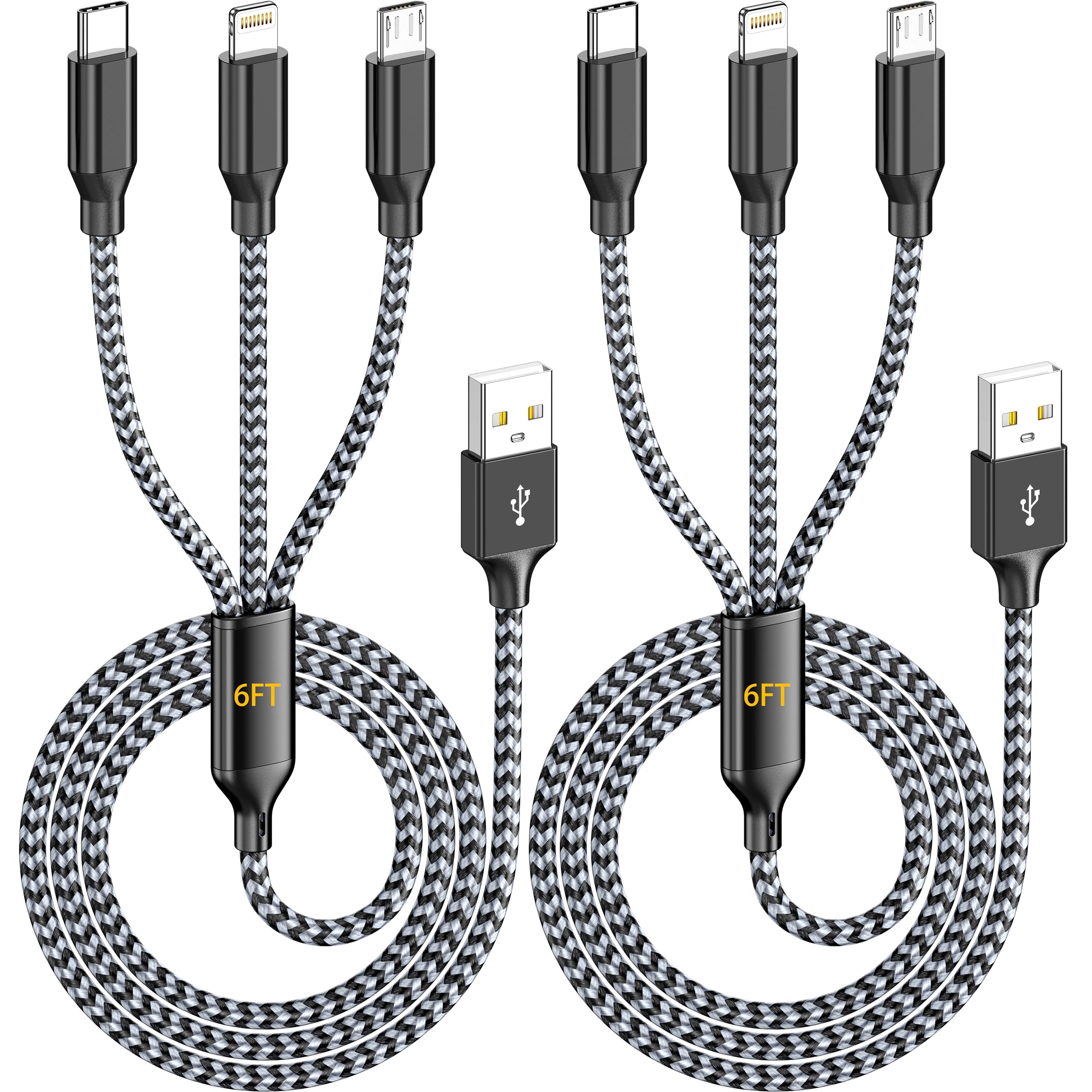 Multi Charging Cable 6FT 2Pack 3 in 1 Long Apple MFi