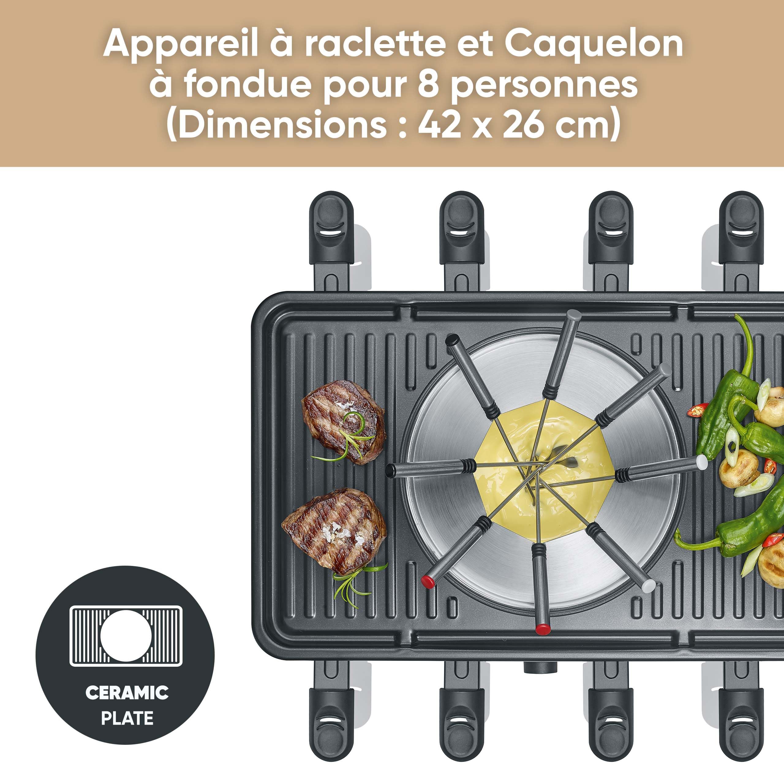 SEVERIN Appareil à Fondue et Raclette pour 8 personnes, Appareil à raclette 2 en 1 avec Plaque de cuisson et Service à fondue, Inclus 8 poêlons, spatules et fourchettes à fondue, Noir, RG 2347