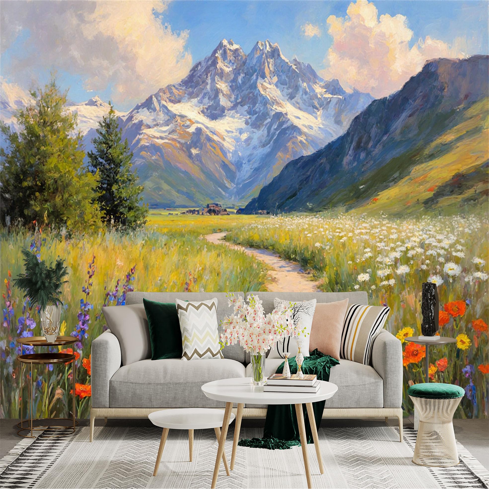 Custom Size Wall Sticker Mural， Oil Painting of Snowy Mountains， Wildflower Meadow Trail， Scenic Alpine Landscape， Vibrant Nature Scenery， for wall Decoration， peelandstick wall Decals.