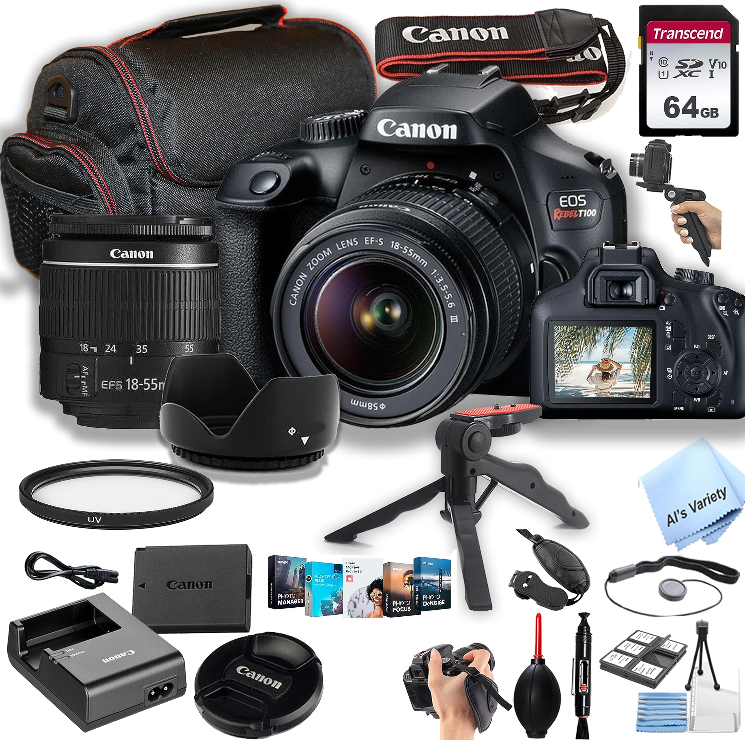 Canon Rebel T100 / EOS 4000D DSLR Camera w/EF-S 18-55mm F/3.5-5.6 Zoom Lens + 64GB Memory, Case, Gripster Tripodpod, and More (26pc Bundle) (Renewed)