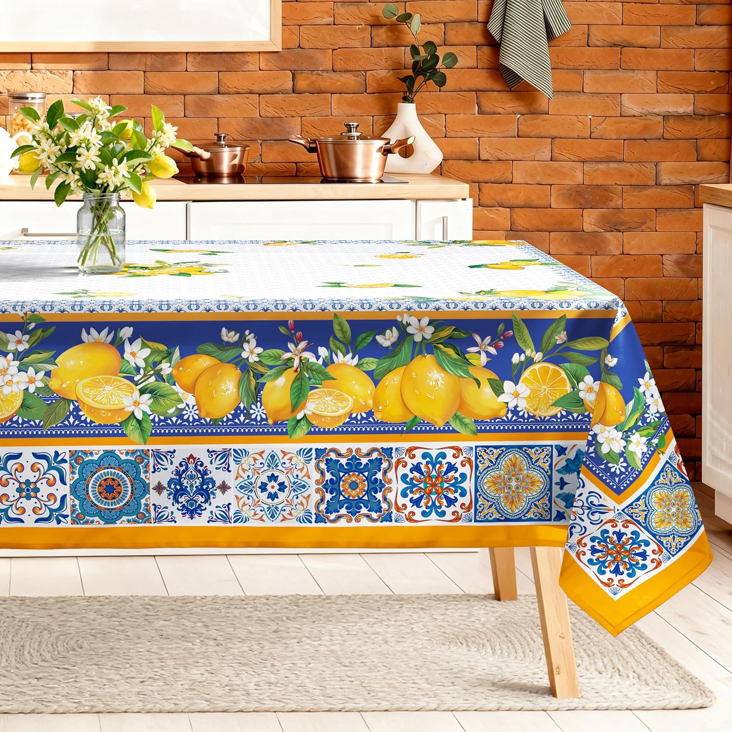 Spring Summer Capri Lemons Table Cloth Rectangle Machine Washable Italian Lemon Tablecloth,84 * 60 inch, Polyester Blue Table Cover for Kitchen Dinner Party Outdoor Decor