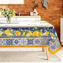 Rectangular Tablecloth Machine Washable 140 x 180 cm, Mediterranean Style Lemon, Waterproof Fabric No Iron Vintage Elegant Design for Kitchen, Dining Room and Garden