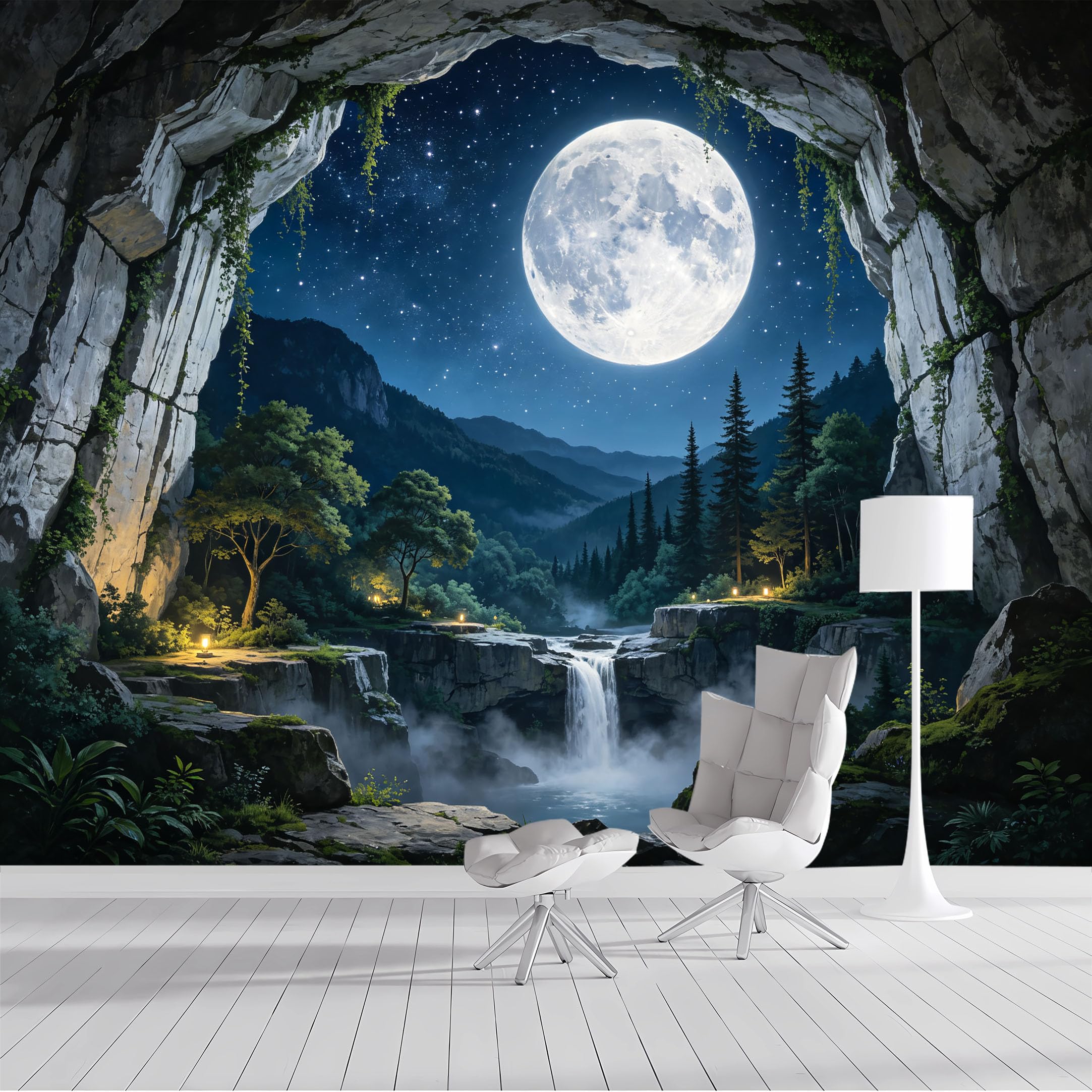 Yzpallescene Bh260711029 Custom Size Wall Mural Moon Cave Waterfall Forest Selfadhesive Wall Fabric Removable Peel And Stick Wallpaper Wall Decor For Living Room Bedroom Bathroom