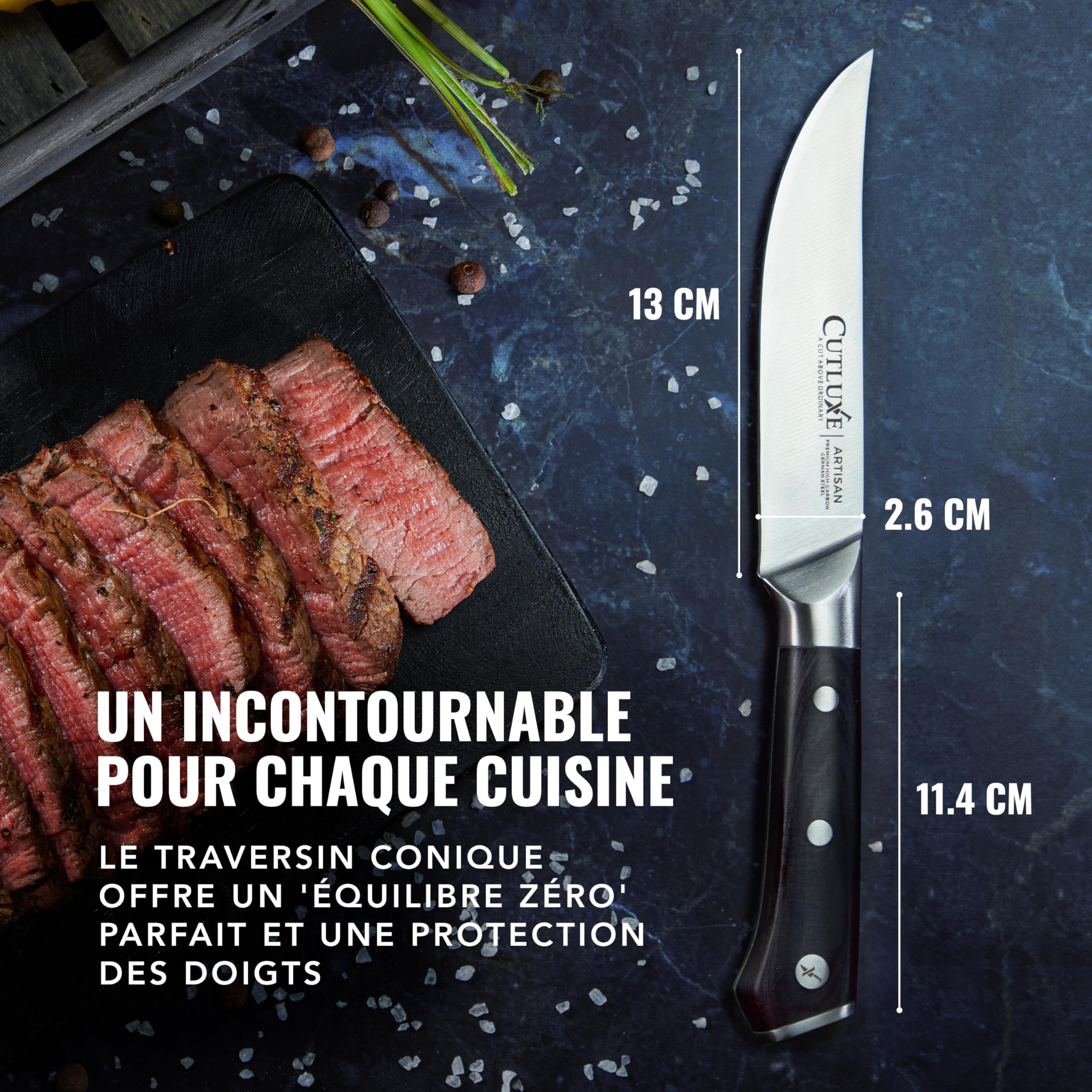 Cutluxe Couteaux à Steak 4 Pièces – Bord Uni, Couverts de Table | Lame effilée en acier allemand, manche ergonomique antidérapant; parfait pour viande grillée et repas; garantie à vie
