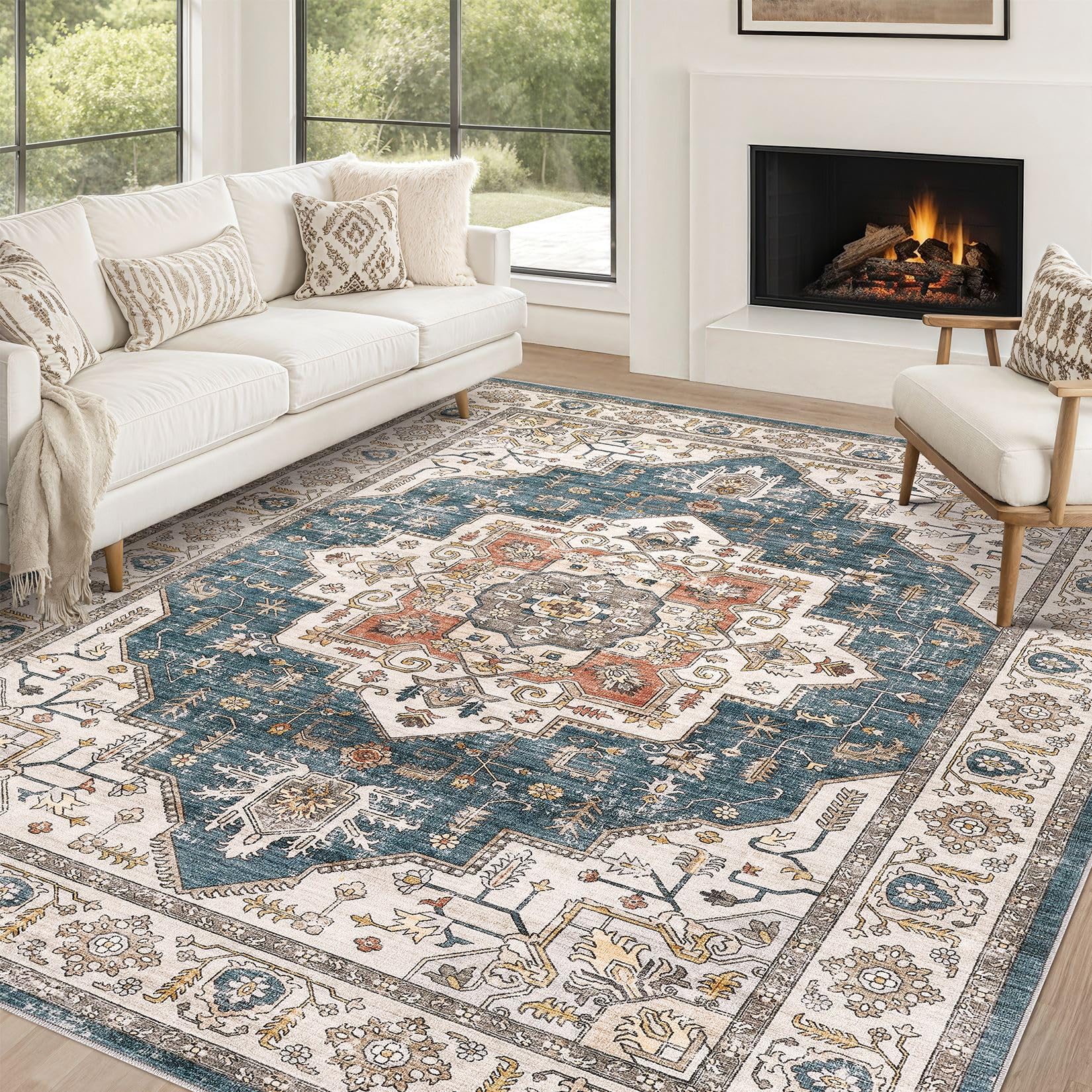 area rug 10x12 washable vintage - soft traditional rugs for living room large non slip backing with low pile farmhouse oriental retro carpet for bedroom dining room or home office - blue