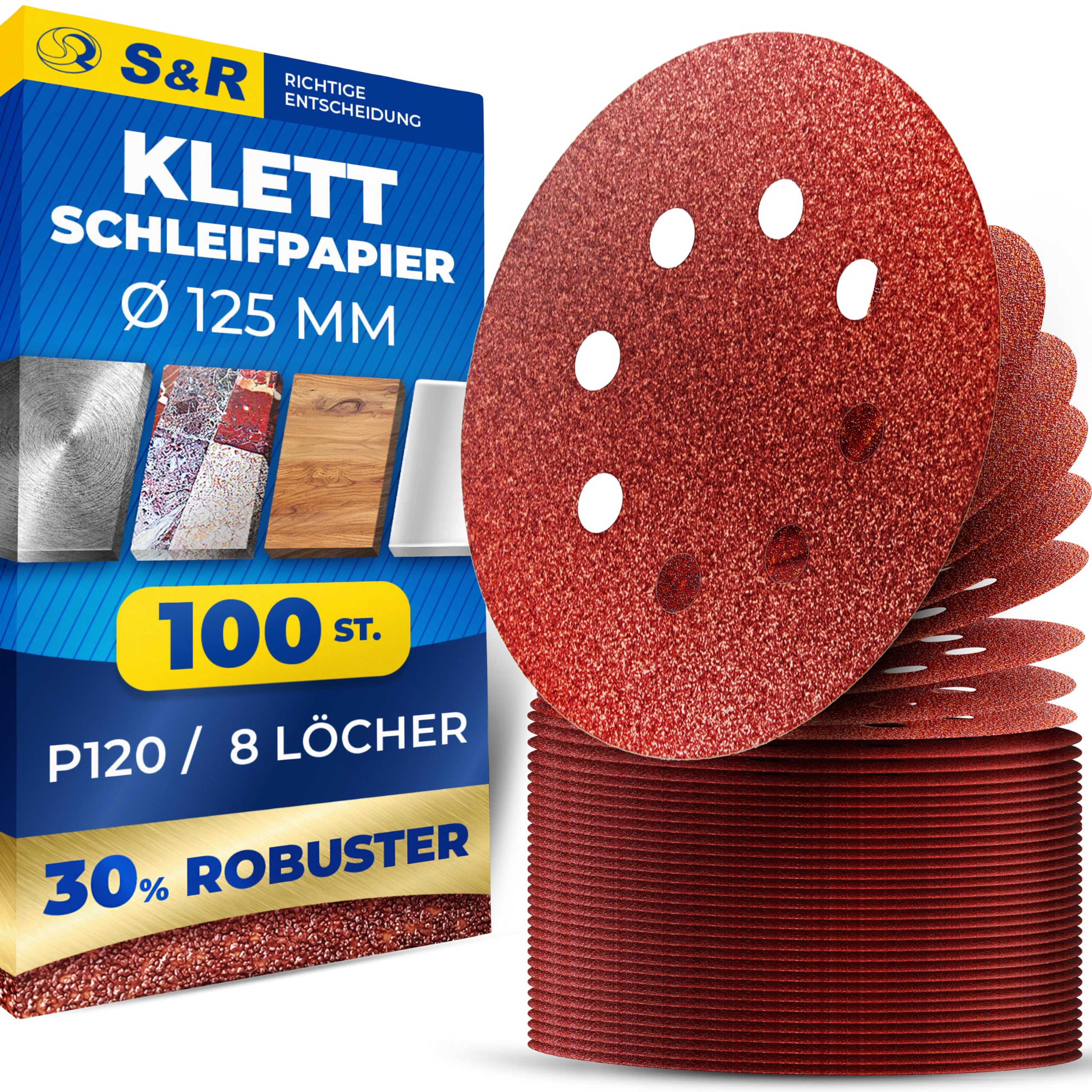 S&R Klett Schleifpapier Set 125 mm, Meister, 8 Löcher, 100 St. in Körnung P120, Schleifblätter, Schleifscheiben für Exzenterschleifer, Klettschleifpapier, zuverlässige Haftung am Schleifteller