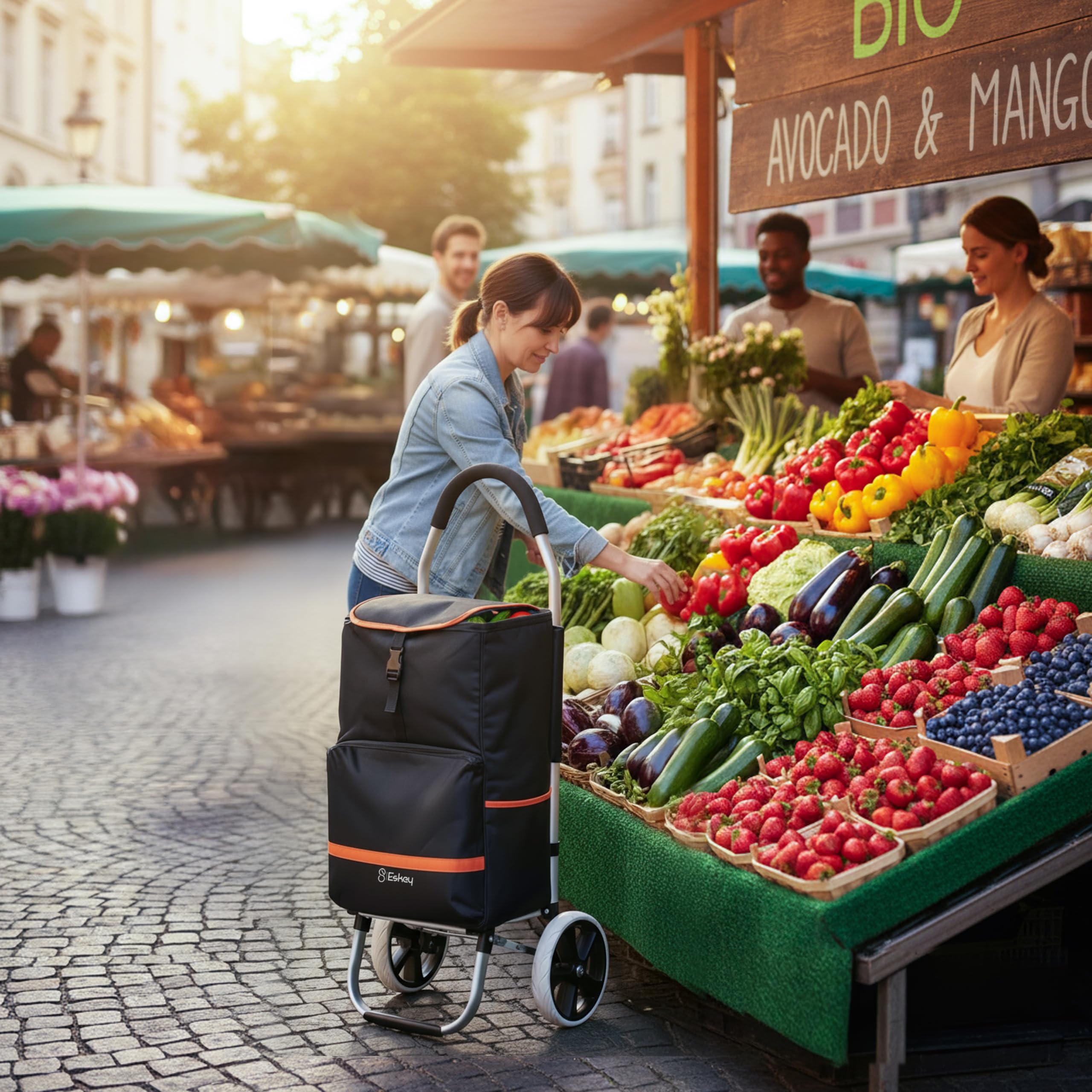 Eskey Carrello per la spesa con vano frigo, pieghevole, pieghevole, impermeabile, 50 l, catarifrangenti