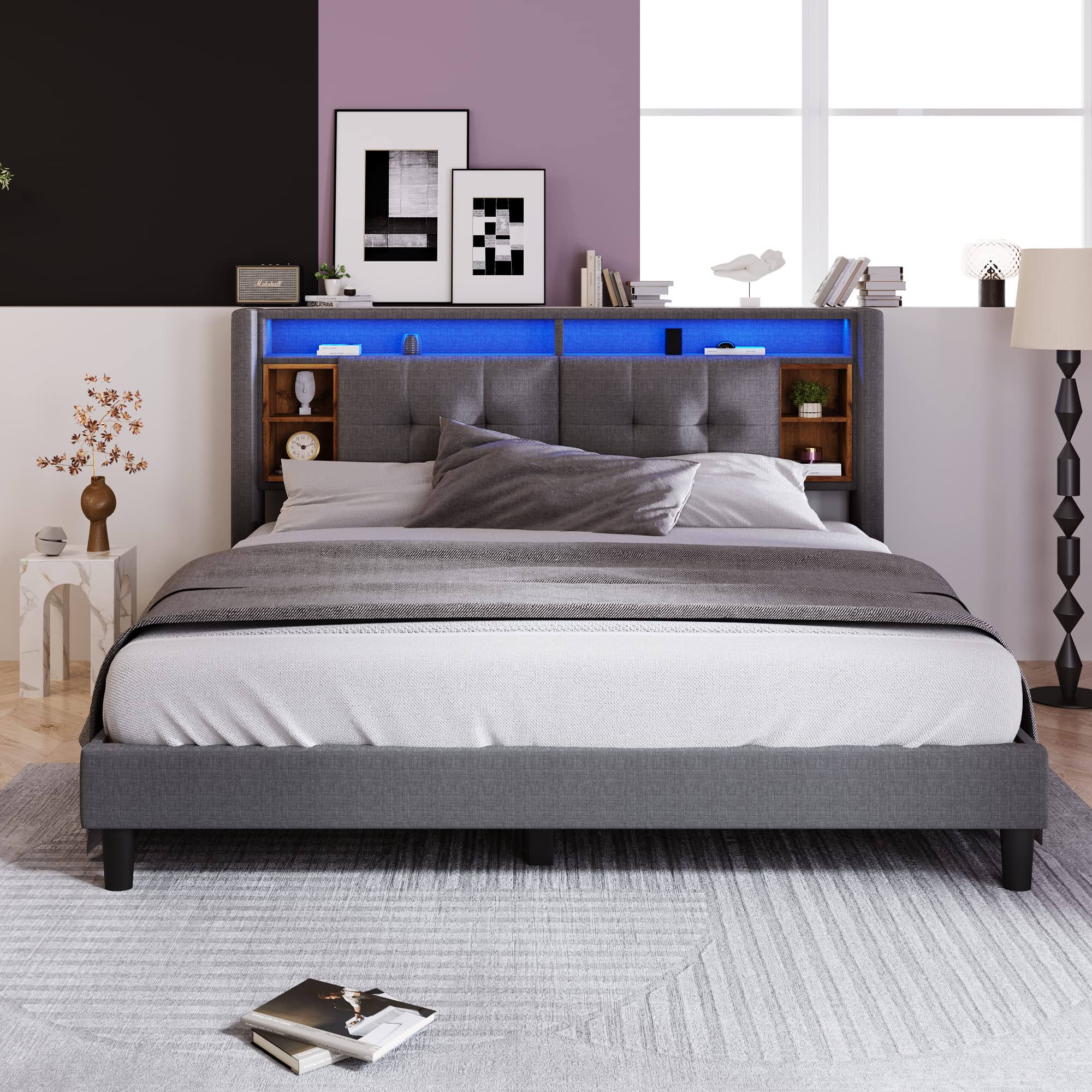 Letto Matrimoniale Imbottito 160x200 Cm Con Contenitore, Testiera Regolabile Con Rivetti, Porte USB E Type-C, E Lampade Da Lettura - Struttura In Acciaio, Fino A 300kg - 4