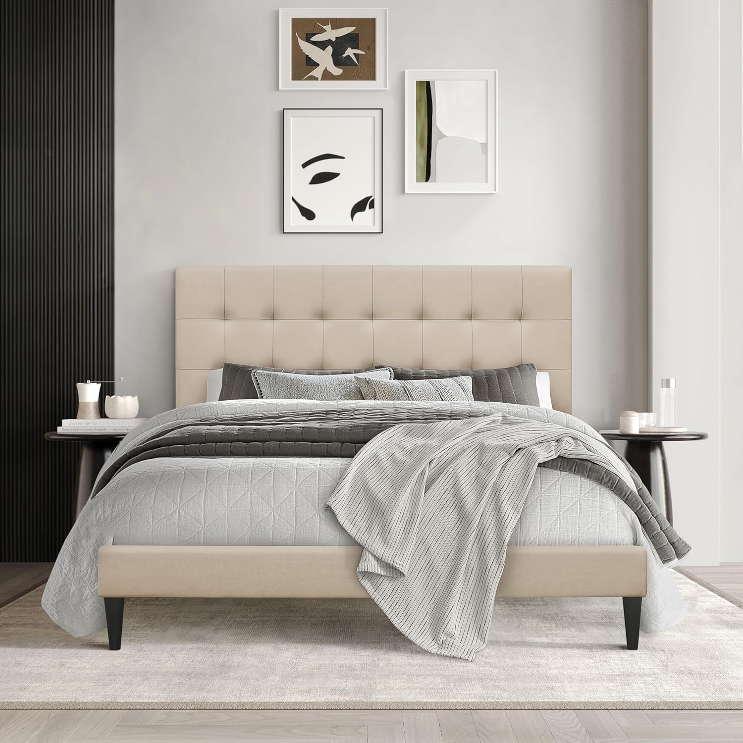 HOME DESIGN Evanston Twin Size Tufted Upholstered Platform Bed Frame, Linen Fabric, Rectangular Checkered Headboard, No Box Spring Needed, Beige