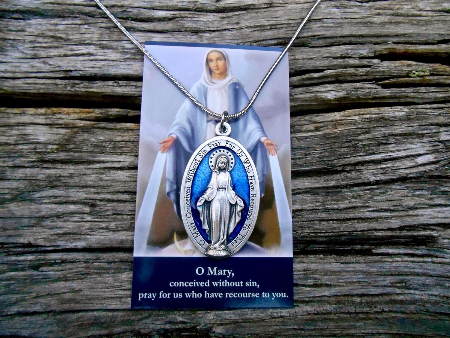 Large Blue Enamel Miraculous Medal, 18" Stainless Steel Snake Chain Miraculous Necklace, Our Lady of Grace Medal, Medal Measures 1 3/4 inch, Comes with Prayer Card - Image 2