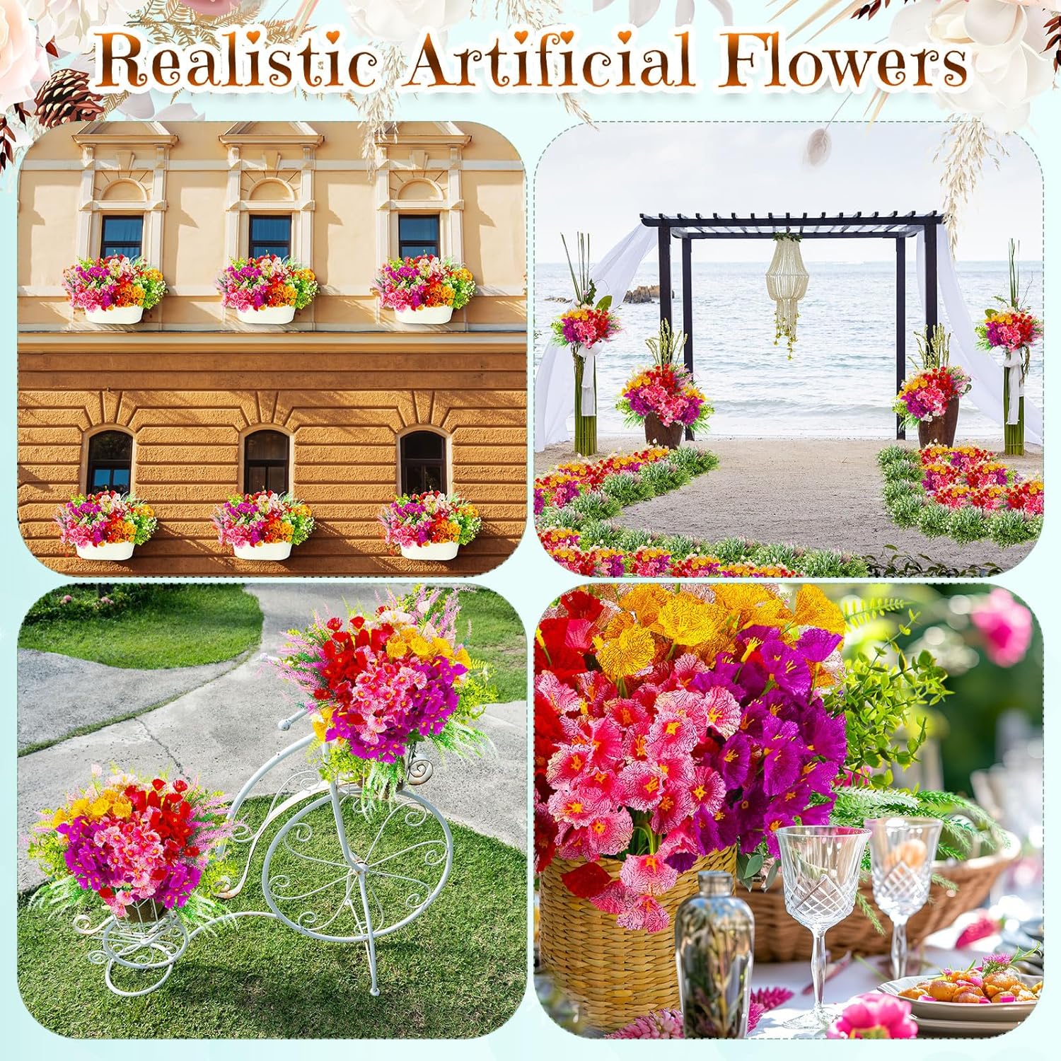 40 Bundles Artificial Flowers for Outdoor No Fade Faux Artificial Plants Shrubs Plastic Fake Flower 10 Kinds UV Resistant Faux Flowers for Garden Porch Window Decoration(Mix 1)