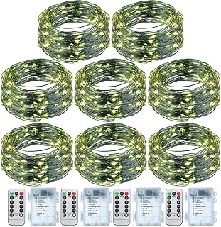 8 Pcs Fairy String Lights Battery Operated 100 LED 8 Modes,33 ft | Green Copper Wire, Multiple Lighting Modes Remote Control, Warm White for Garden Patio Backyard Indoor Outdoor Decor