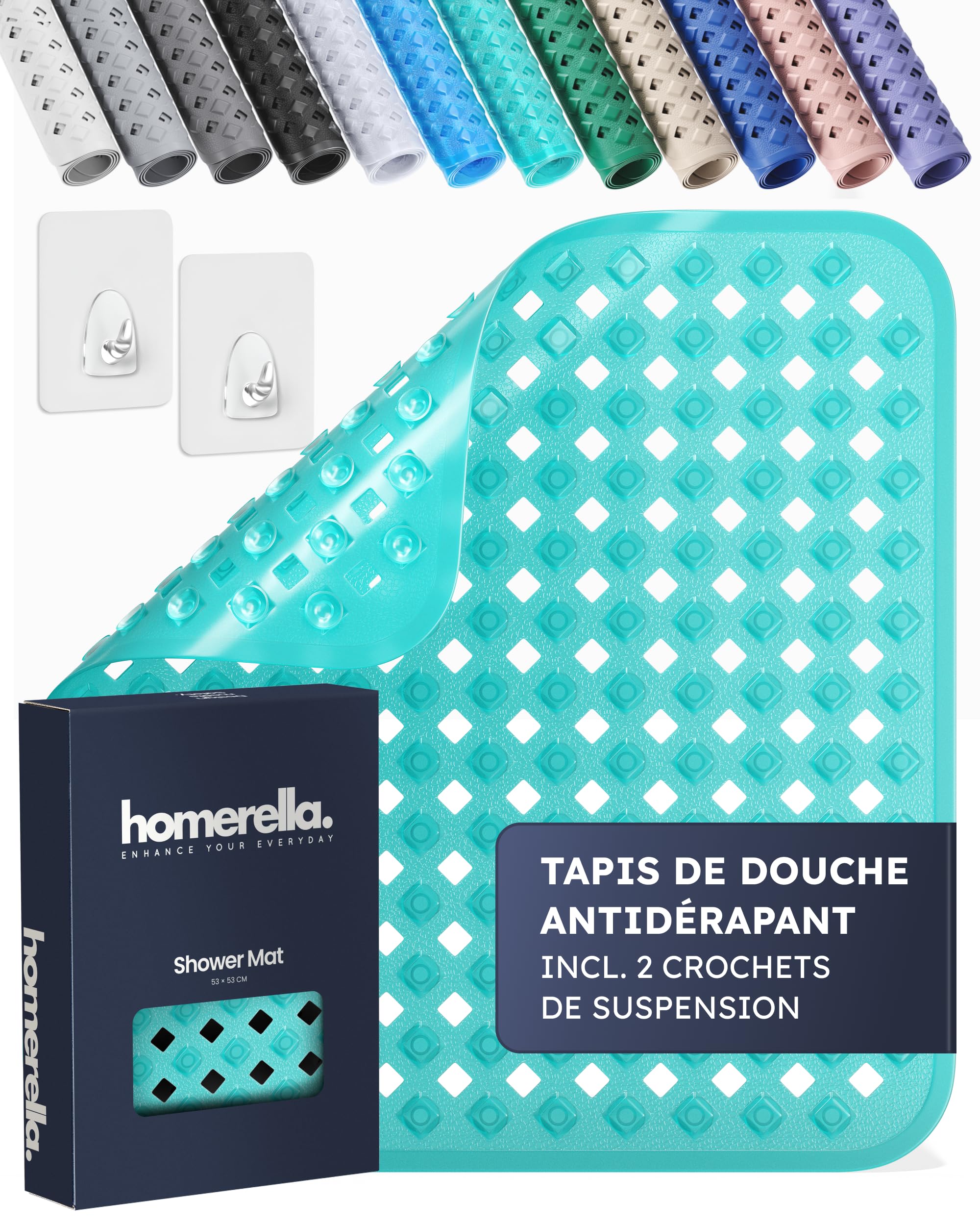 homerella® Tapis de Douche antidérapant Sensible à la Peau 53x53cm, Fixation INCL. | Tapis antidérapant Douche sans BPA | Tapis de Bain antiderapant résistant aux moisissures & Lavable en Machine