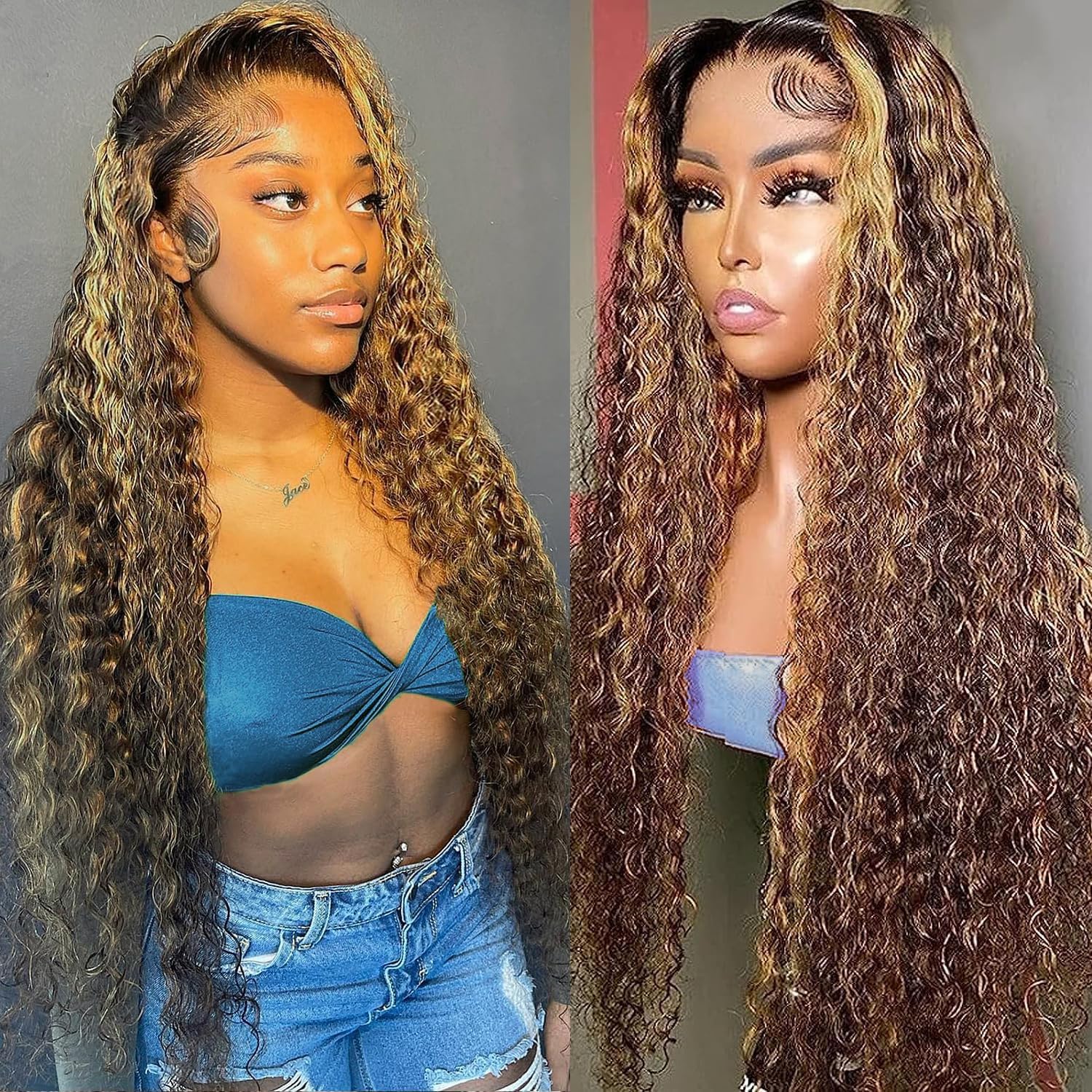 26 Inch 13x6 Deep Wave Lace Front Wigs Human Hair Honey Blonde HD Lace Frontal Wigs Ombre 4/27 Highlight Curly Lace Front Wigs Human Hair Pre Plucked with Baby Hair Water Wave Lace Frontal Wigs