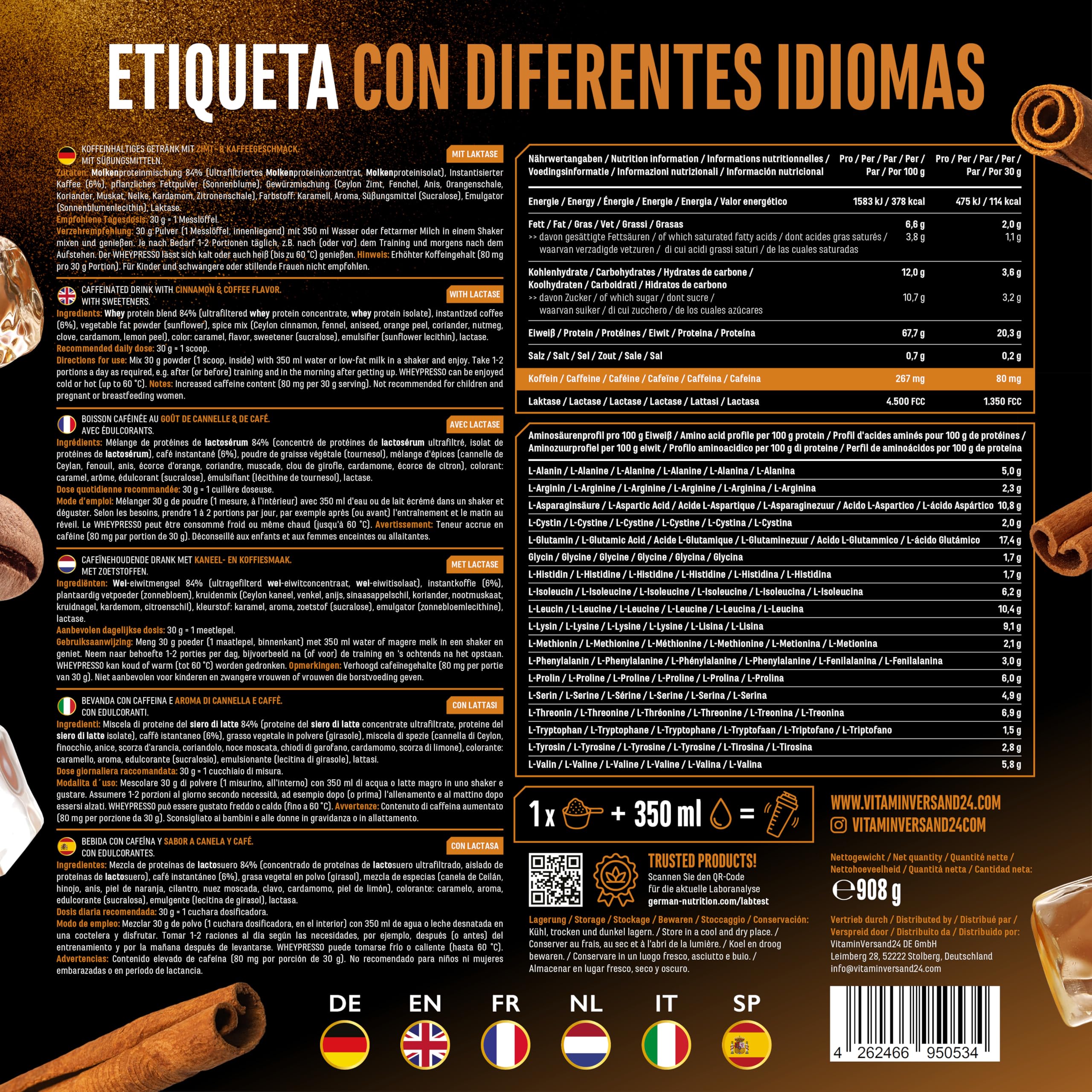 Wheypresso Protein Coffee - Proteína en polvo con concentrado y aislado de suero de leche - Con auténtico café y cafeína - Bebida cremosa rica en proteínas - (908 g, Café Latte con Canela)