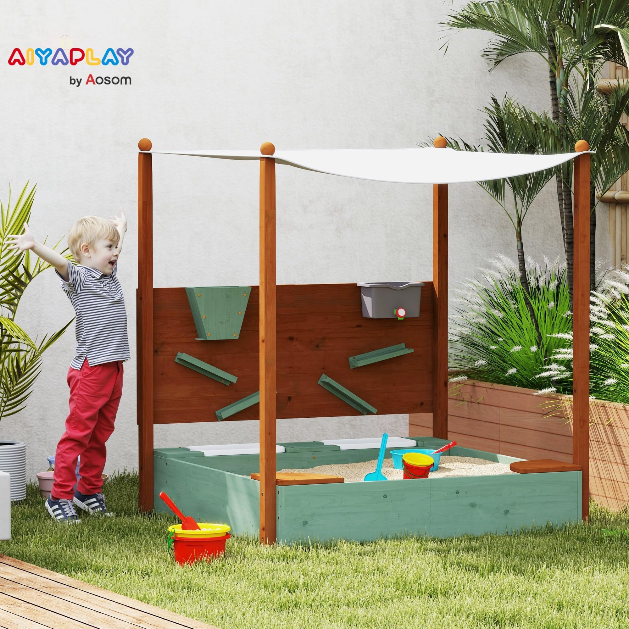 AIYAPLAY Arenero para Niños de Madera con Techo 116x112,5x128 cm Verde