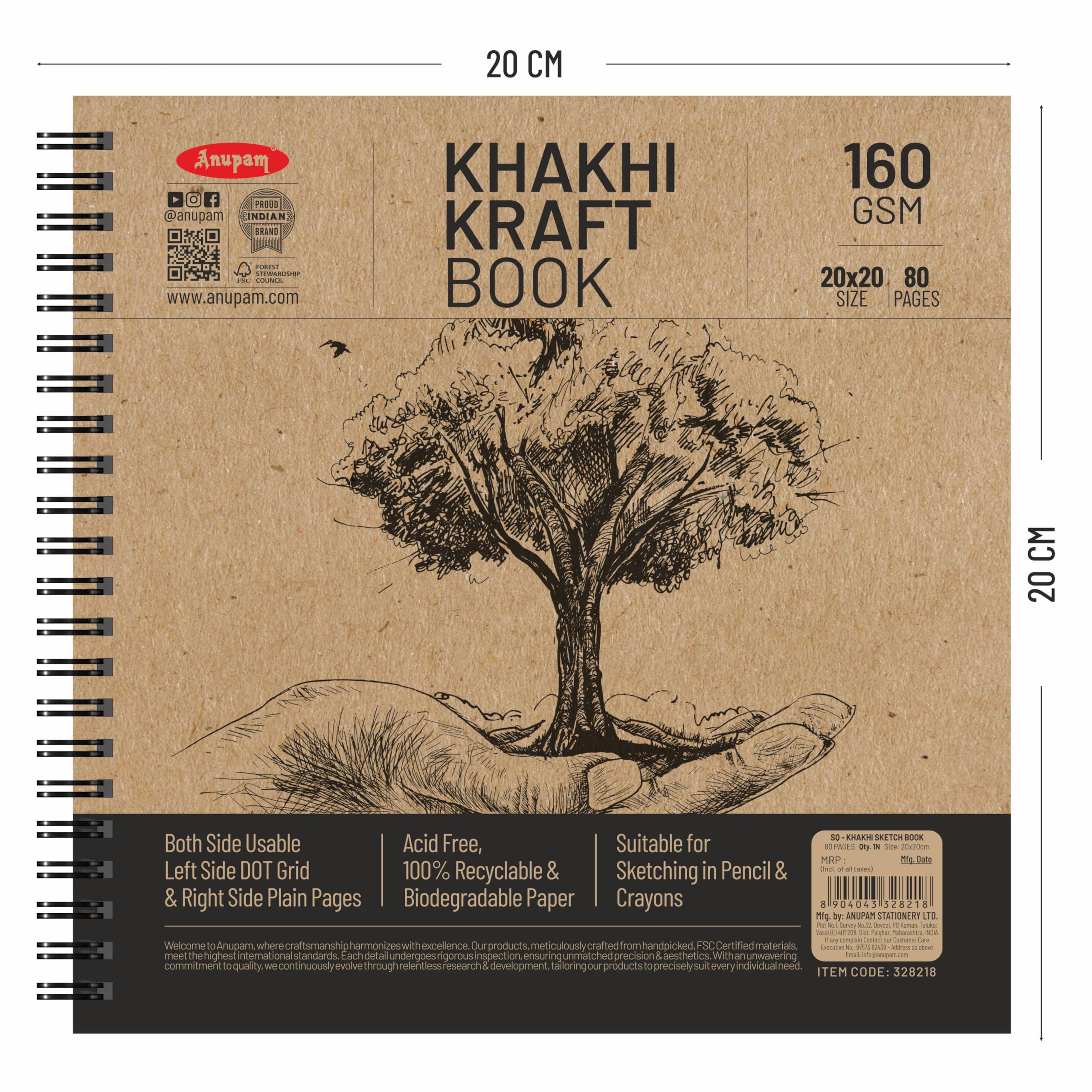 Anupam Khakhi - Libro de papel kraft 100% reciclado Wire-O de 160 g/m², 80 páginas, cuadrícula de puntos por un lado y otro lado liso (tamaño cuadrado)