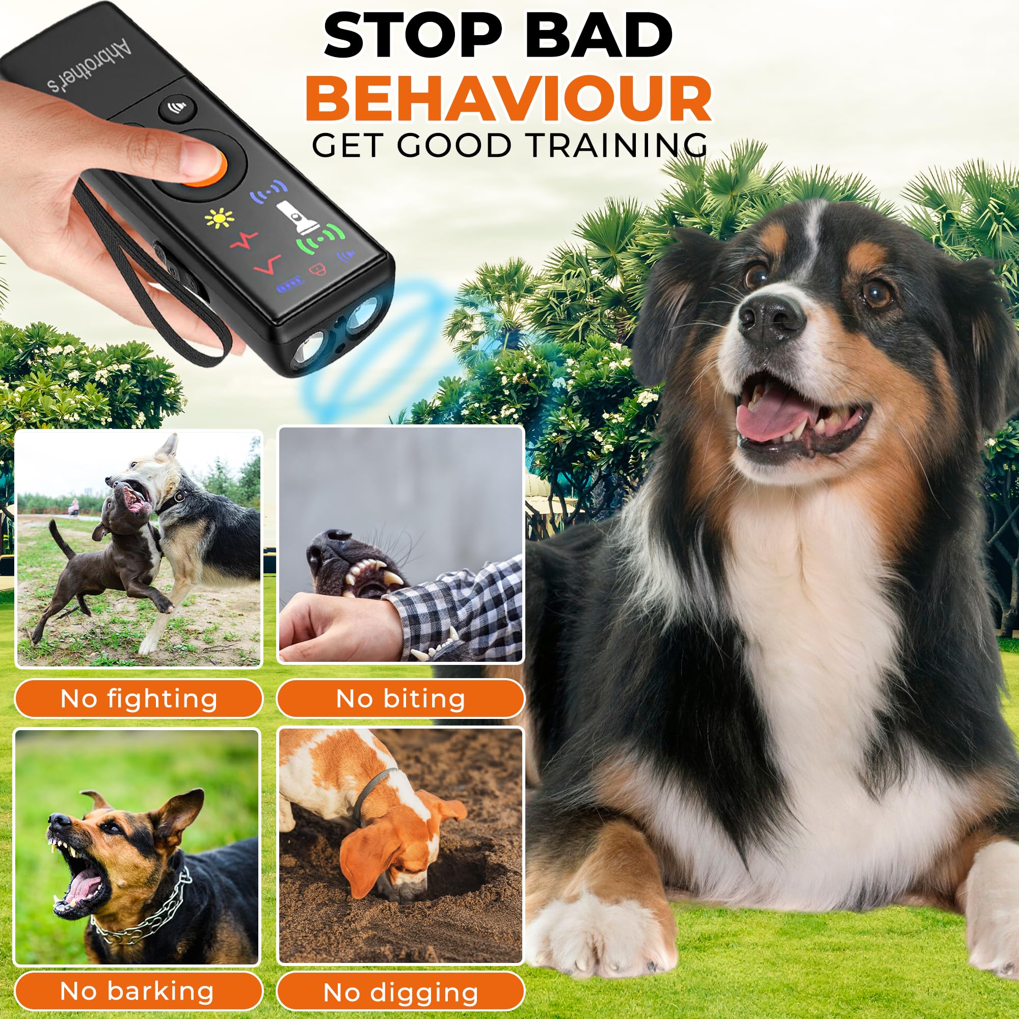 Ahbrother's Anti-Bell-Gerät für Hunde, 2 x Power, Hunde-Bell-Abschreckungsgeräte, Ultraschall-Doppelstrahler, 4 Trainingsmodi, Bellen, kein Verhalten mehr drinnen und draußen, korrekt, sicher und