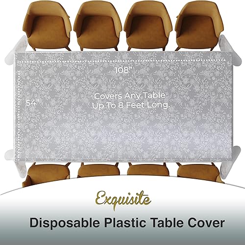 Miniatura 3 de Exquisite Paquete de 12 manteles de plástico de alta calidad, diseño floral impreso, mantel de plástico desechable (blanco)