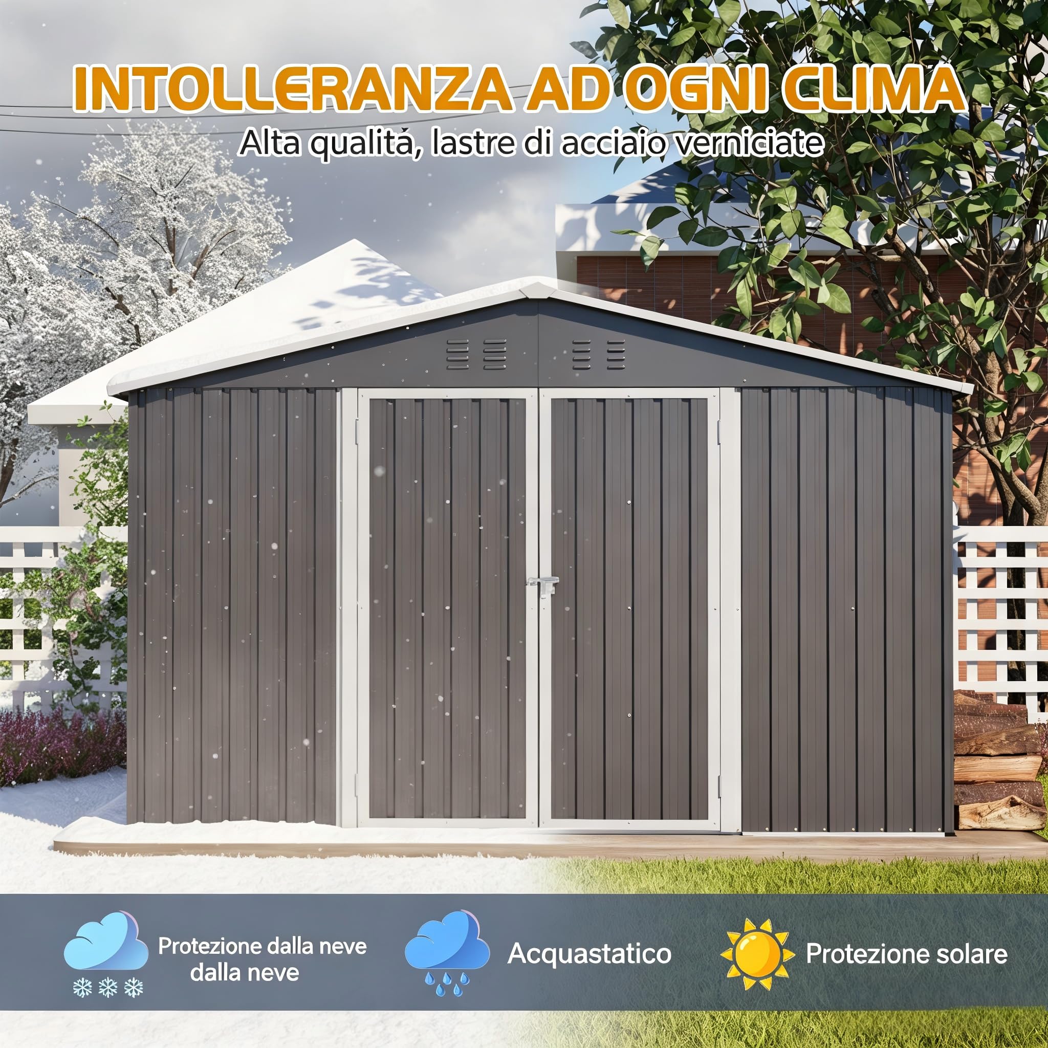 Casetta da giardino XXXL 300 x 252 x 191 cm, capanno in metallo con tetto a due ante scorrevoli, resistente alle intemperie, grigio, per moto, biciclette, attrezzi da giardino