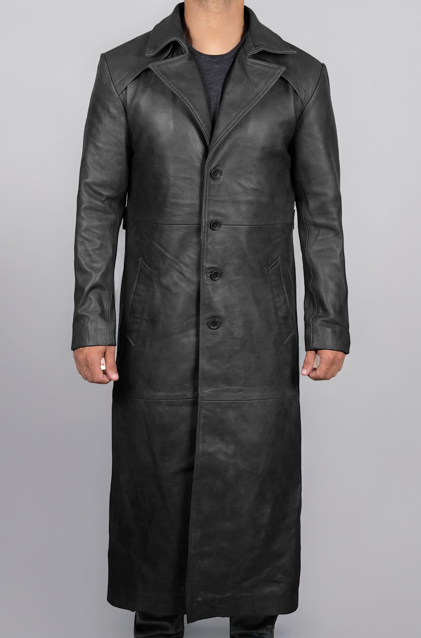 Brown Winter Trench Coat Men - Distressed Black Real Leather Long Overcoat