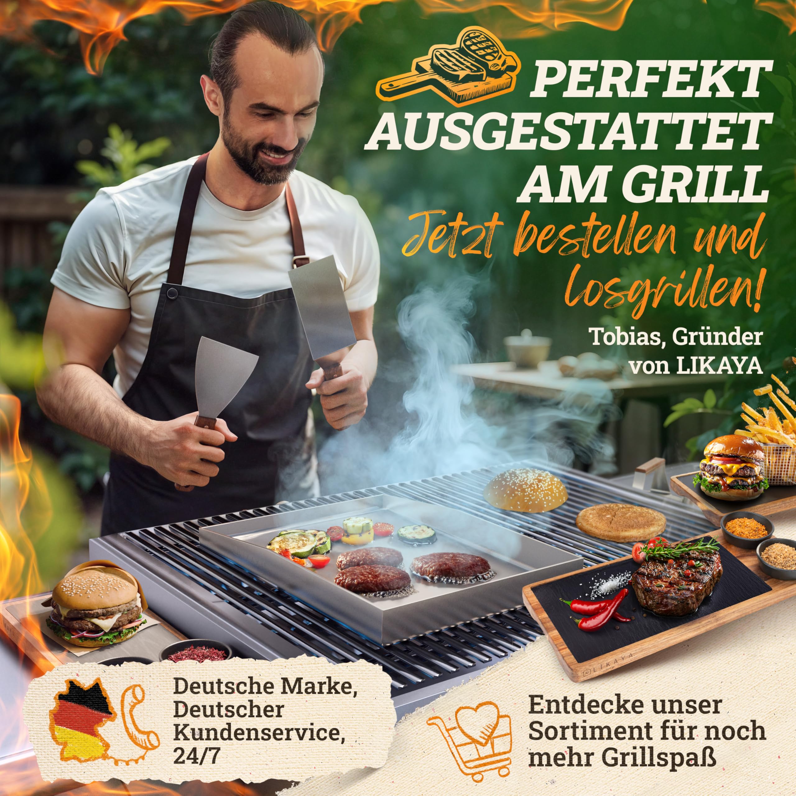 LIKAYA® Plancha Grillplatte [30x40cm] mit 2x Grillspachtel mit FSC-Akazienholzgriff Grillzubehör | Verzugsfreier Edelstahl | Plancha Gasgrill Kohlegrill | Geschlossene Ecken ohne Auslaufen