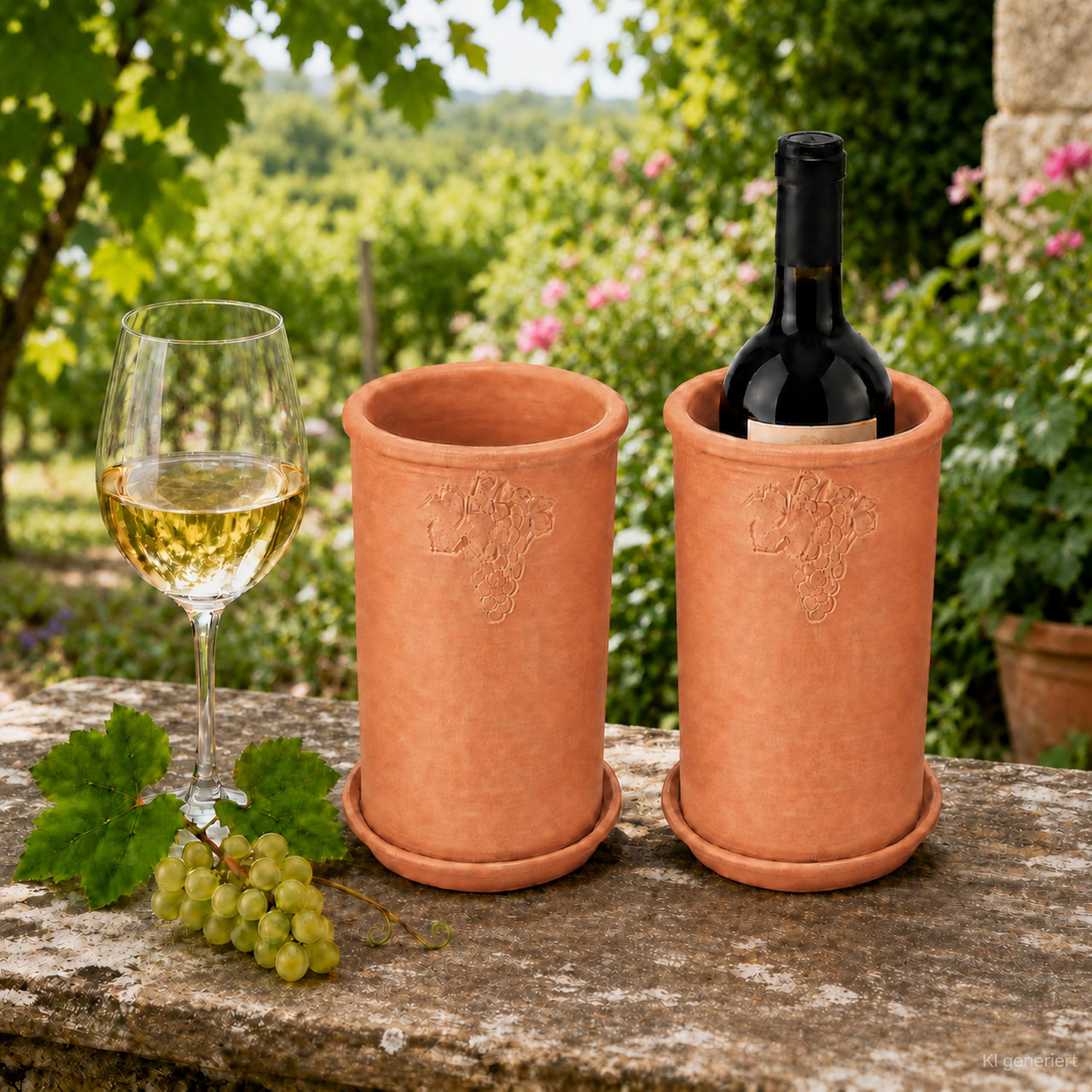 MamboCat 2er Set Terrakotta Weinkühler mit Untersetzern I Ø 11,5 cm, H 18,8 cm I unglasierte Flaschenkühler für Wein, Sekt & Wasser I Getränkekühler, kühlt stundenlang