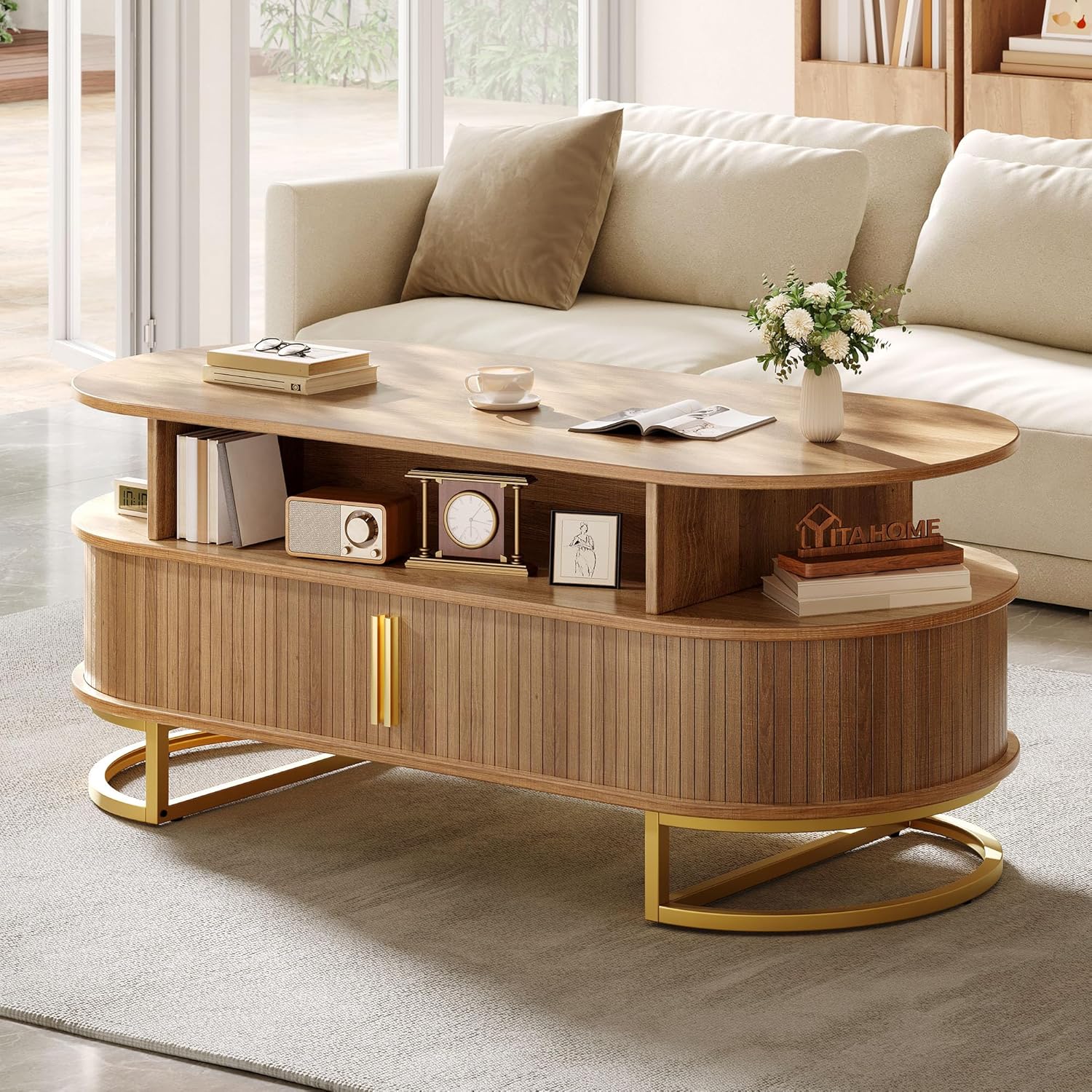 YITAHOME Coffee Table, Coffee Tables for Living Room with Sliding Doors & Large Storage, Modern Wooden Coffee Table with Gold Handles, Metal Base for Living Room, Natural Oak
