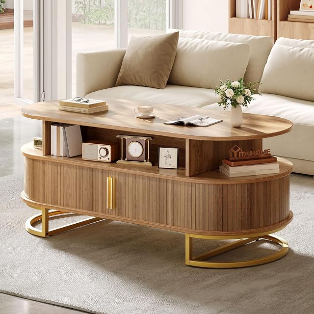 YITAHOME Coffee Table Coffee Tables for Living Room with Sliding Doors Large Storage Modern Wooden Coffee Table with