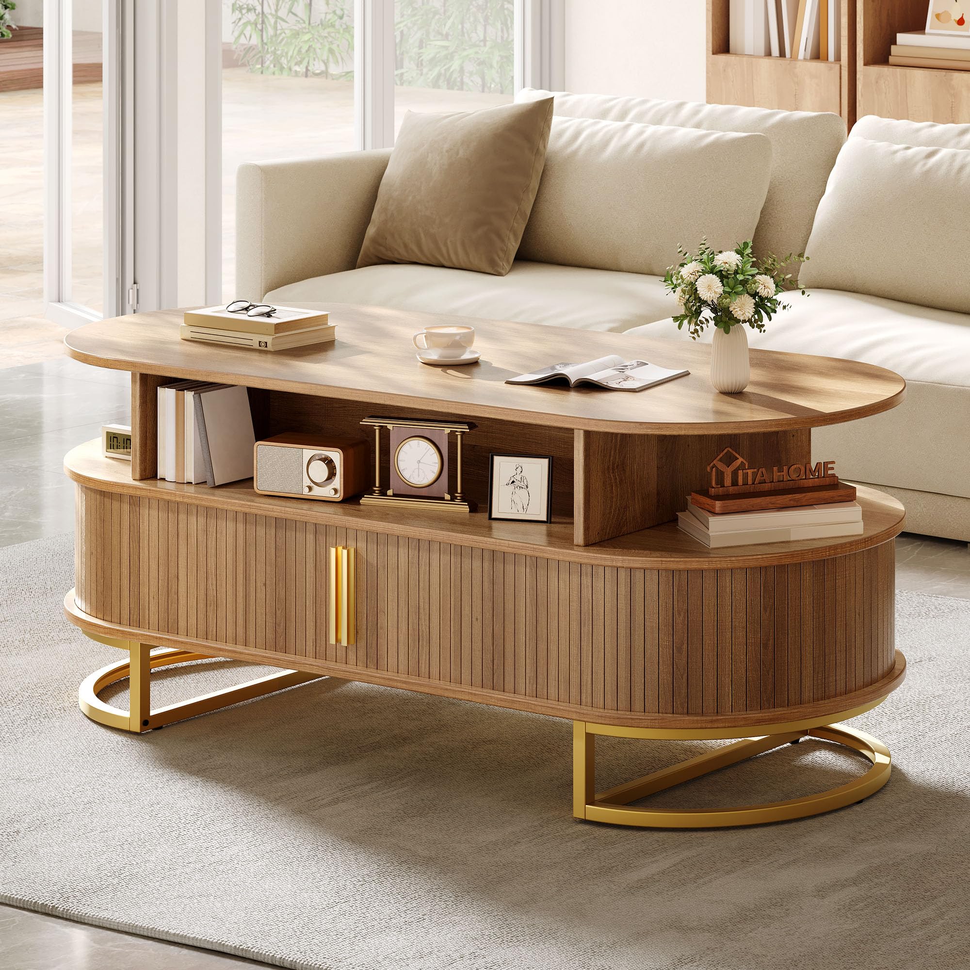 YITAHOME Coffee Table Coffee Tables for Living Room with Sliding Doors Large Storage Modern Wooden Coffee Table with