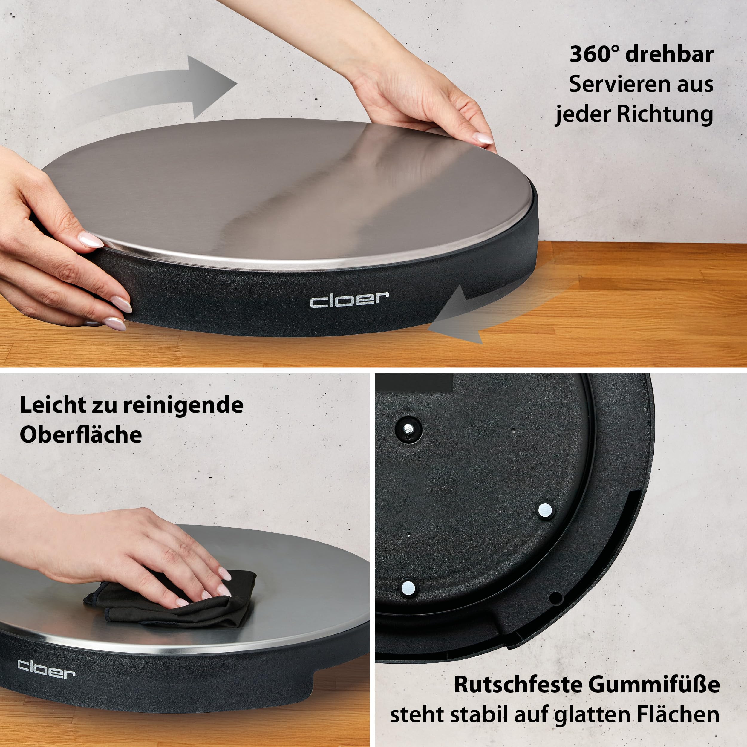Cloer 6718 Warmhalteplatte 1000 W Edelstahl 35 cm Ø kabellos bis 130 °C schwarz