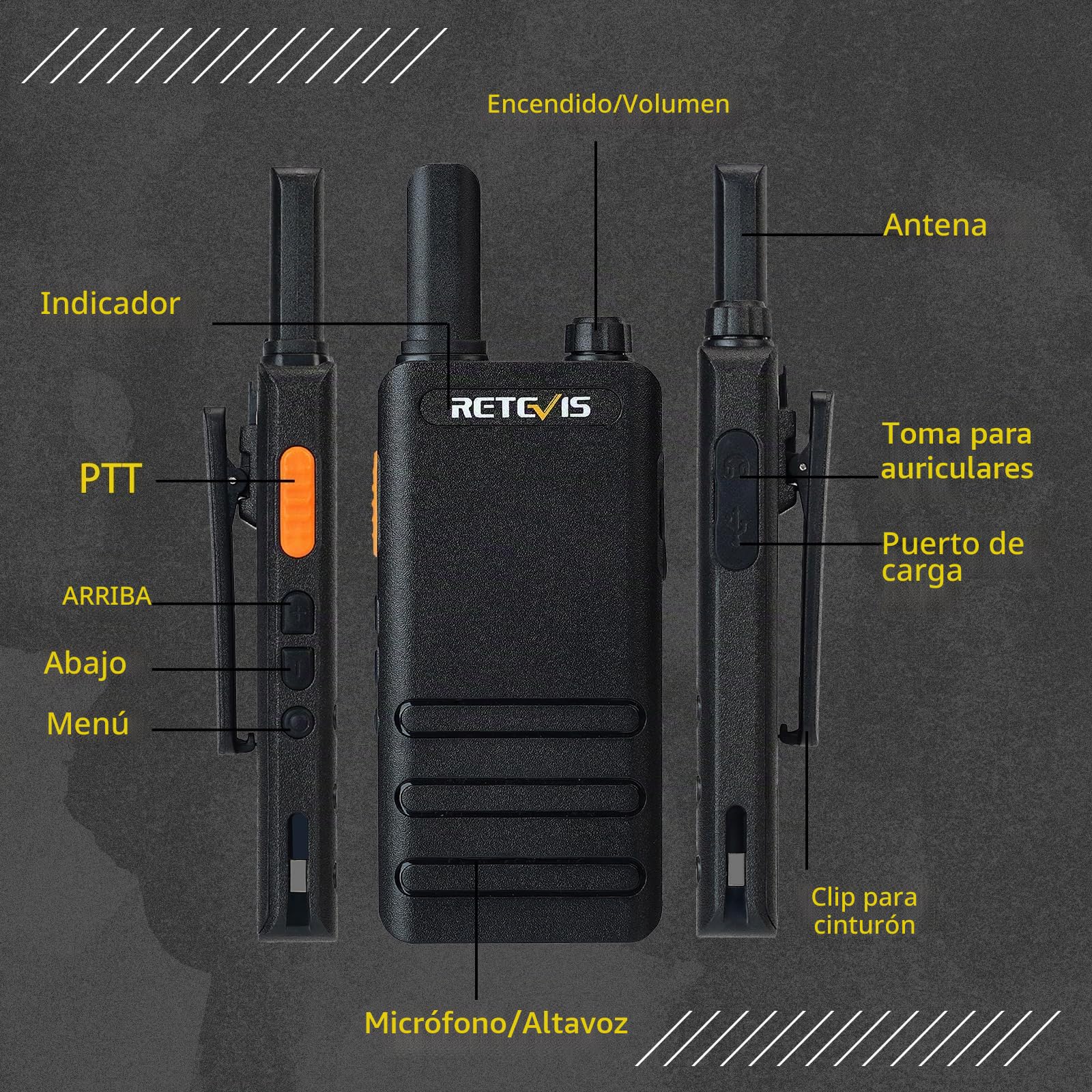 Retevis RT622P Walkie Talkie, Ultrafino Walkie Talkie Profesional 15mm, PMR446, USB-C, VOX, 1620 mAh, Recargable Walkie Talkies con Auriculares para Restaurante, Minorista, Escuela (4 Piezas, Negro)