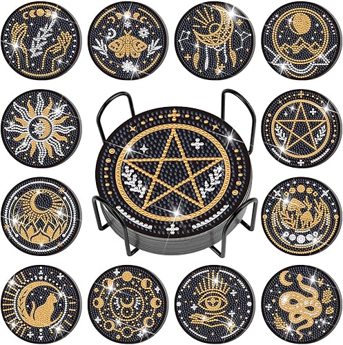 Xuhal Juego de 12 posavasos de pintura de diamantes de tarot, posavasos de arte de diamantes con soporte para bebidas de bricolaje para adultos,