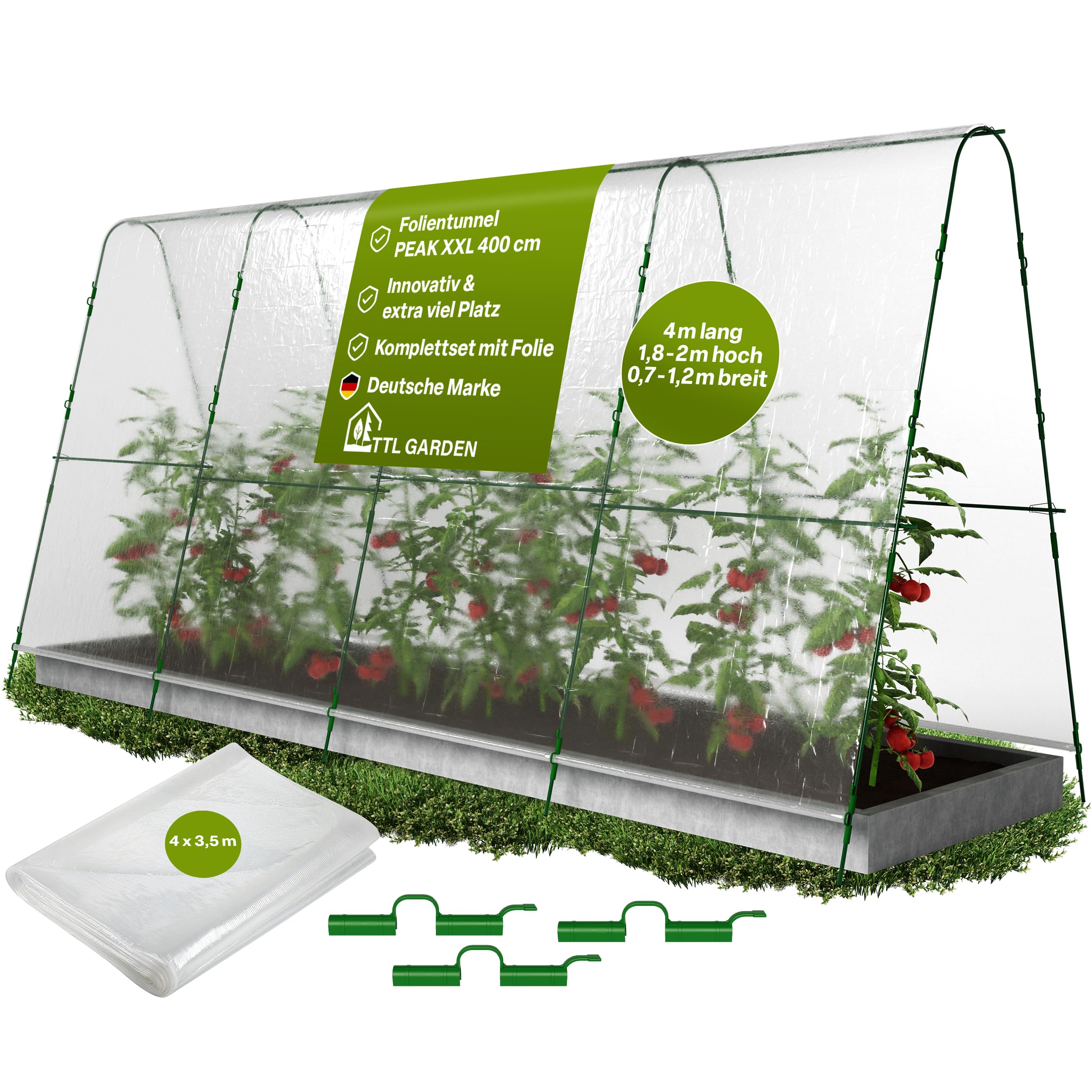 TTL GARDEN Peak XXL 400 - Túnel para plantas con lámina | - Cubierta para plantas grandes de 2 m de alto, 1,20 m de ancho, 4 m de largo, sistema de arcos de túnel, acero inoxidable