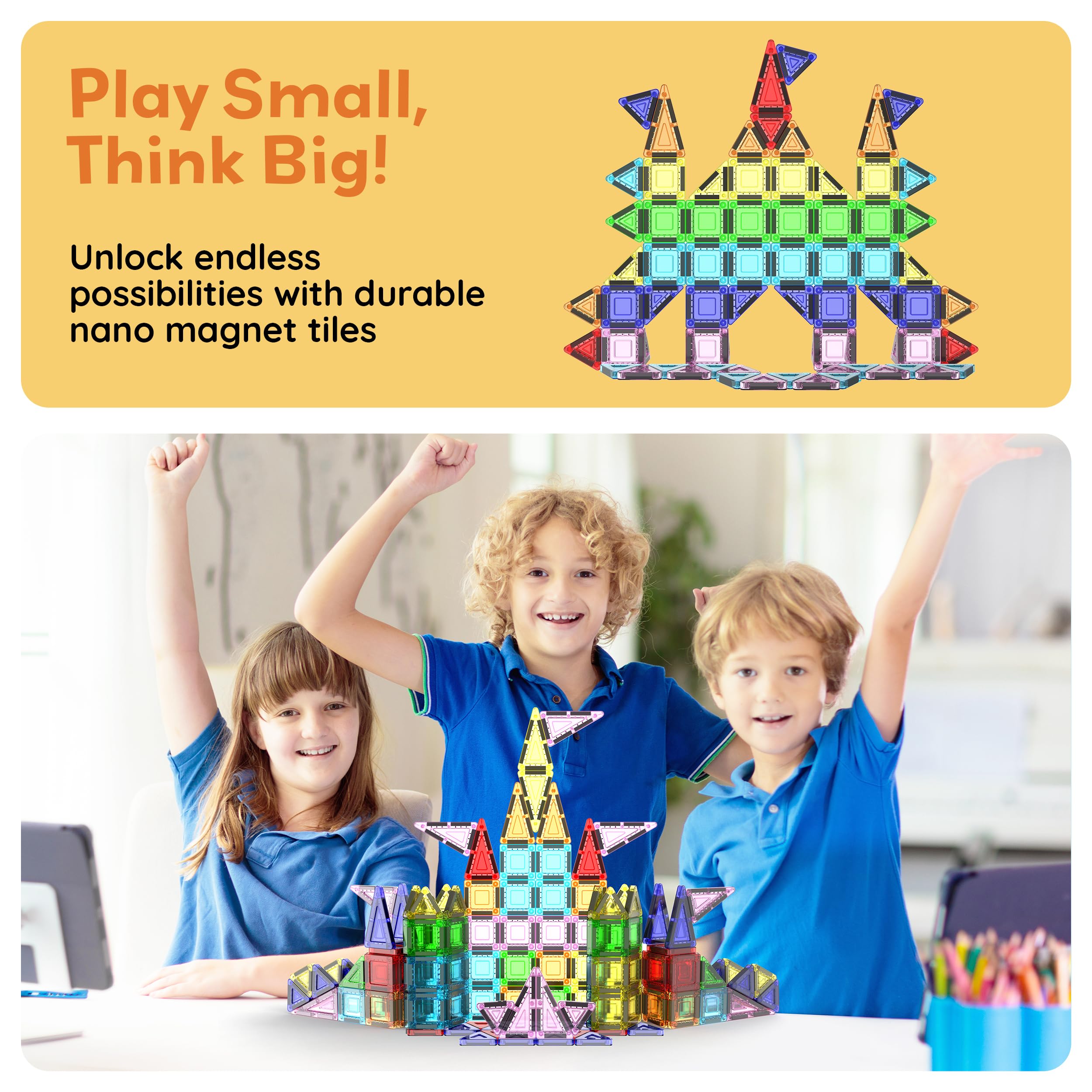 PicassoTiles Juego de 65 piezas de bloques de construcción de juguete portátil de tamaño de viaje nano magnético con bolsa de almacenamiento STEM Montessori para aula, azulejos magnéticos apilables