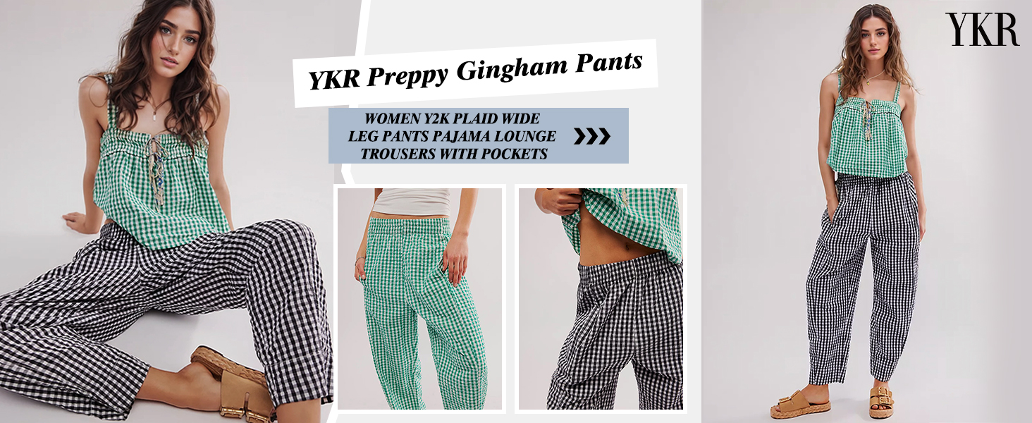 YKR Women Plaid Pants Loose Wide Leg Trousers Black M at Amazon