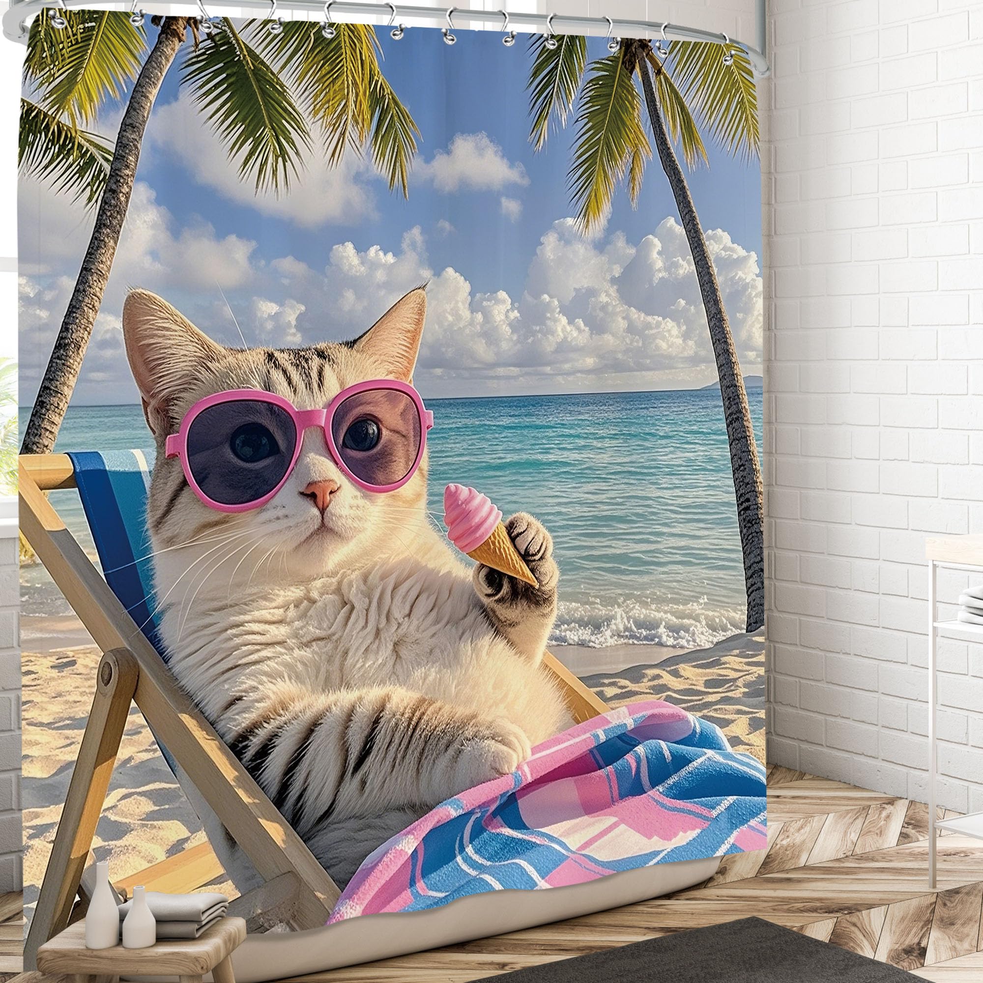 Pakena Summer Beach Funny Cat Shower Curtain Tropical Palm Tree Fun Animal Shower Curtains Set Hawaiian Coastal Cute Bath Kitten Curtain Ocean Trip Bathroom Accessories Home Decor 60x72 Inch