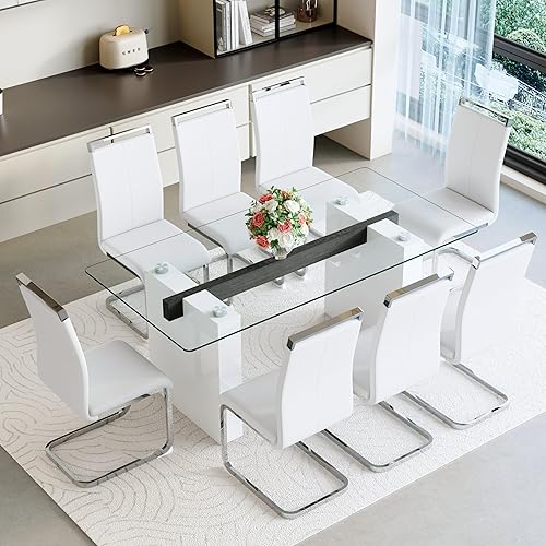 FURNITO Juego de mesa de comedor de cristal para 8, juego de mesa de comedor moderno, mesa de comedor blanca de 71 pulgadas con 8 sillas de comedor