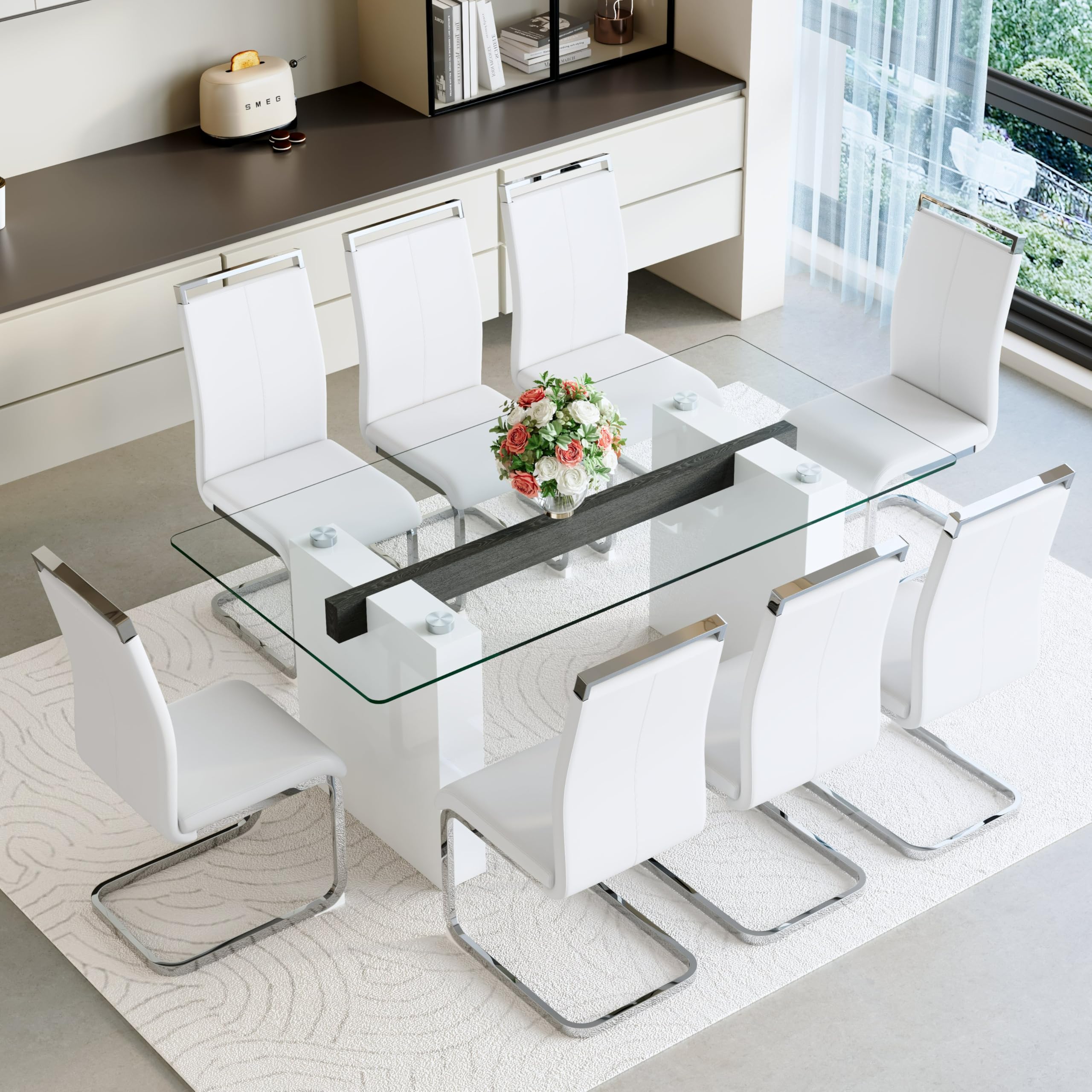 FURNITO Glass Dining Table Set for 8,Modern Dining Table Set,71 in White Dining Room Table with 8 PU Leather Dining Chairs for Kitchen(Glass Dining