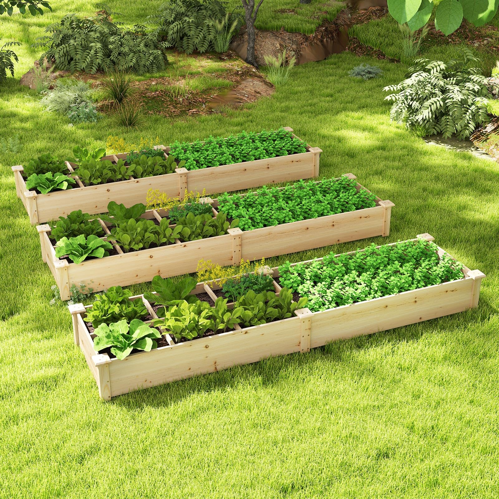 COSTWAY Lettino da Giardino Elevato in Legno con 2 Scatole per Piante e Separatori, Fioriera da Giardino Rialzato in Legno Massiccio da 228 cm per Fiori, Verdure, Frutta e Erbe (Naturale)