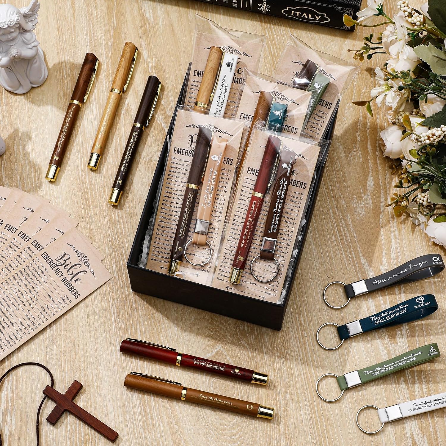 25 Sets Valentines Christian Church Gifts Bulk Bible Verse Plastic Gel Pen Religious Silicone Keychains Scripture Bookmarks for Men Women Sunday Study Group Back to School Gifts(Wood Color) - Image 6