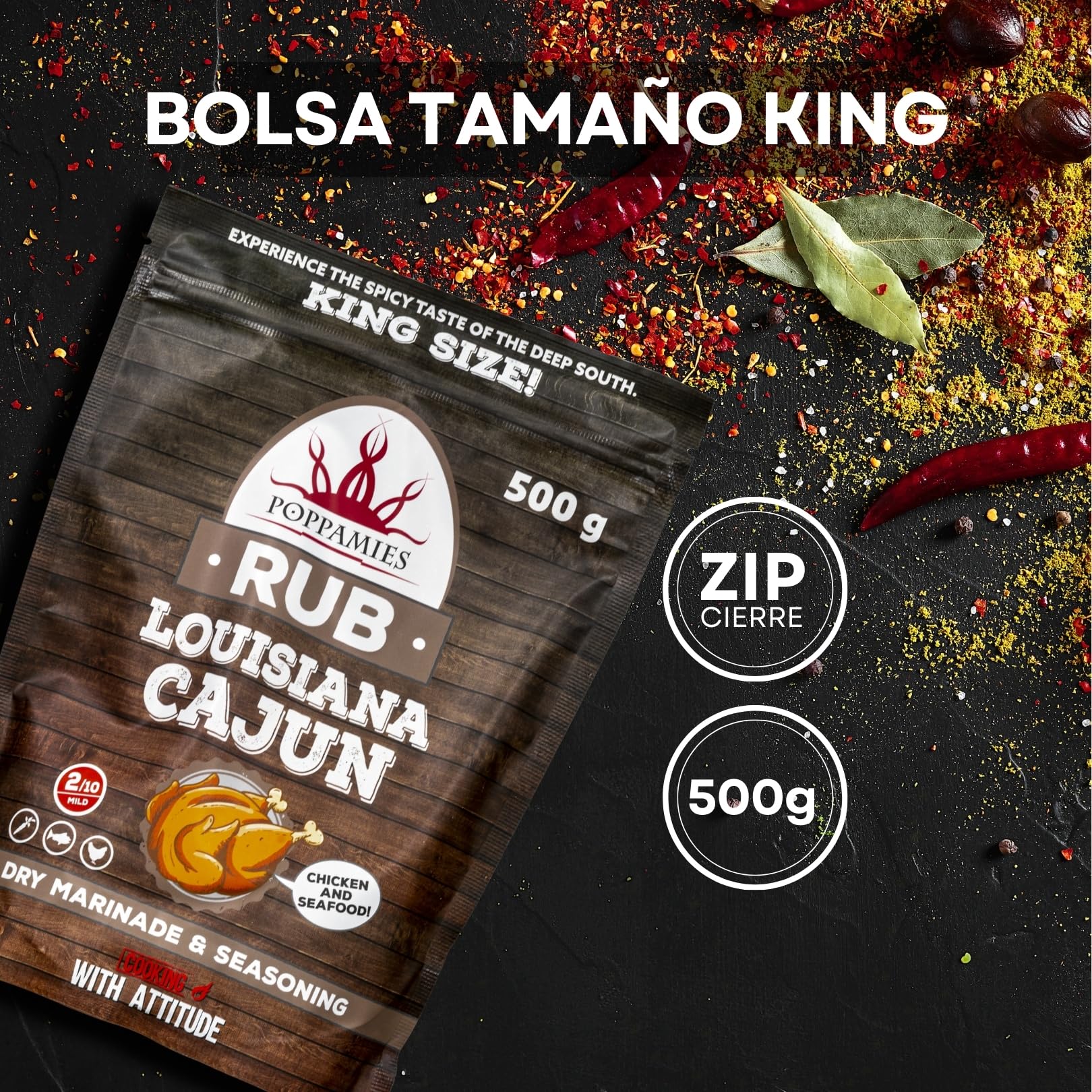 Poppamies Louisiana Cajun BBQ Rub - Condimento BBQ 100% Natural - Marinada Seca y Especias. Especialmente Adecuado para Pollo - Paquete Grande (500g)