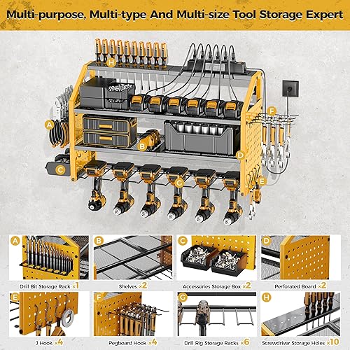 Miniatura 4 de LBT Organizador de herramientas eléctricas con estación de carga, patentado, acero resistente, 6 tamaños de plataforma de perforación con ganchos y