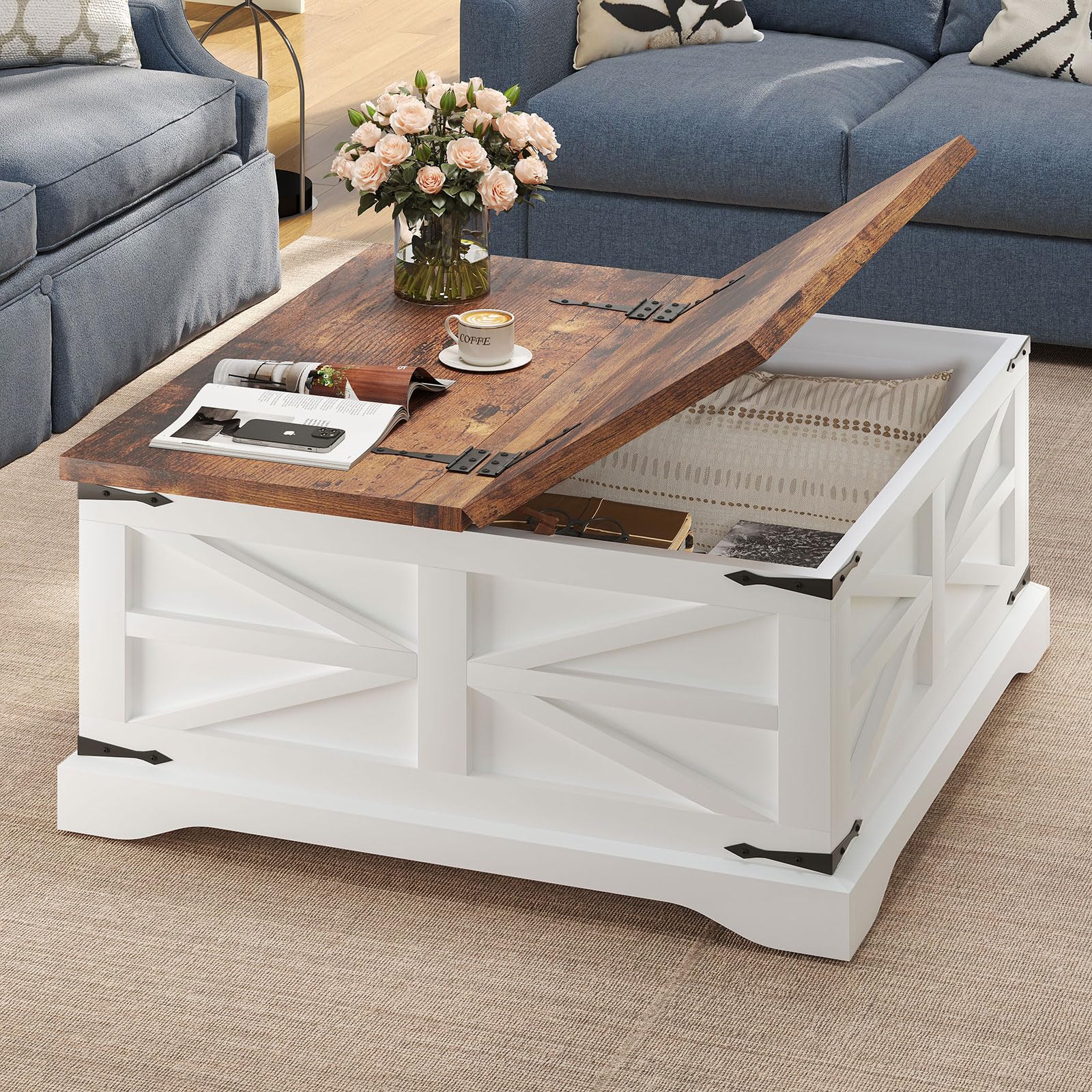 oneinmil Farmhouse Coffee Table with Storage Organizer, Square Coffee Tables with Large Storage Space, Center Table for Living Room, Bedroom, Home Office, White