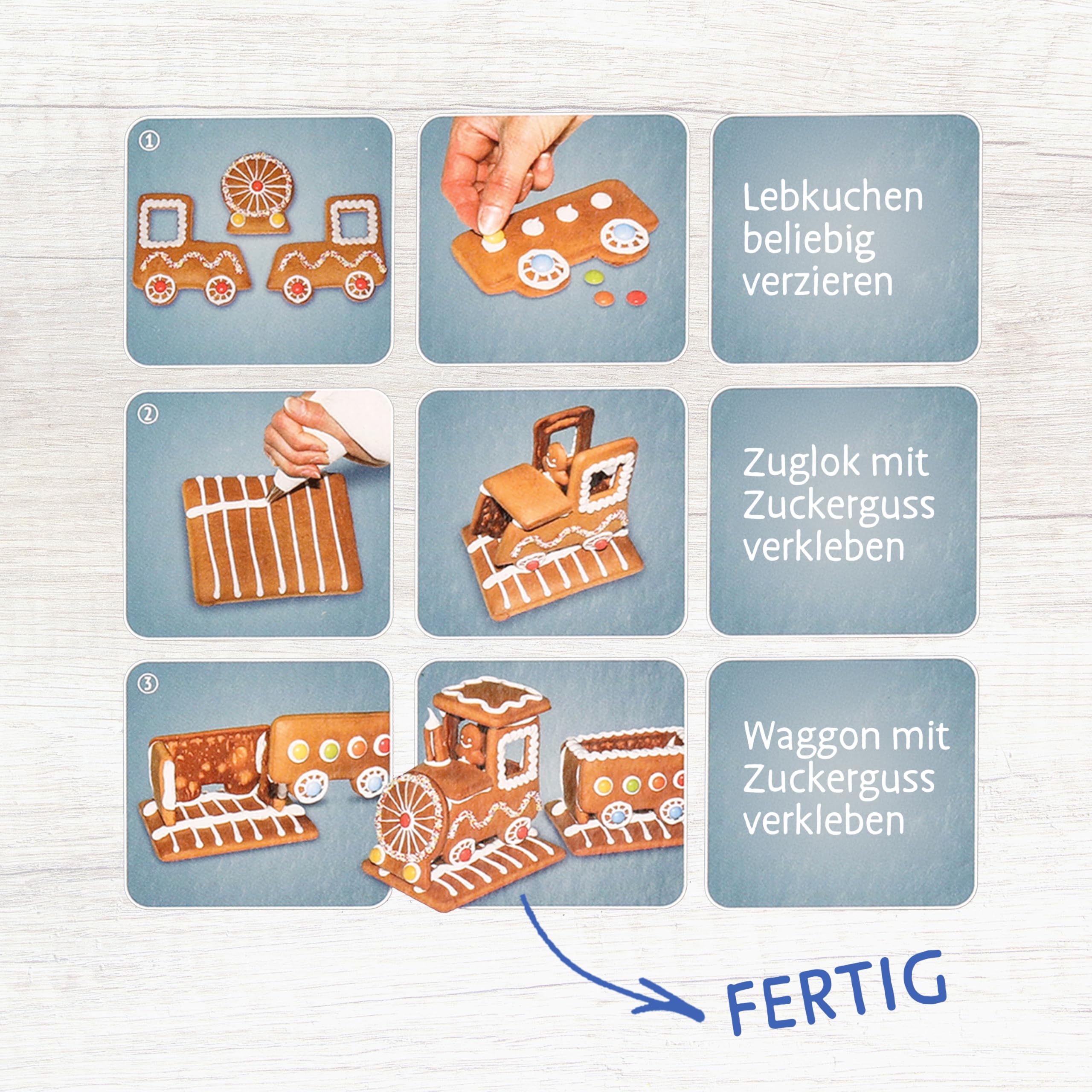 Pertzborn Lebkuchen Zug zum Selberbauen – 450g mit Lokomotive & Wagon – Essbare Weihnachtsdeko mit Schokolinsen und Nonpareilles – Einfache Anleitung für Weihnachtsspaß