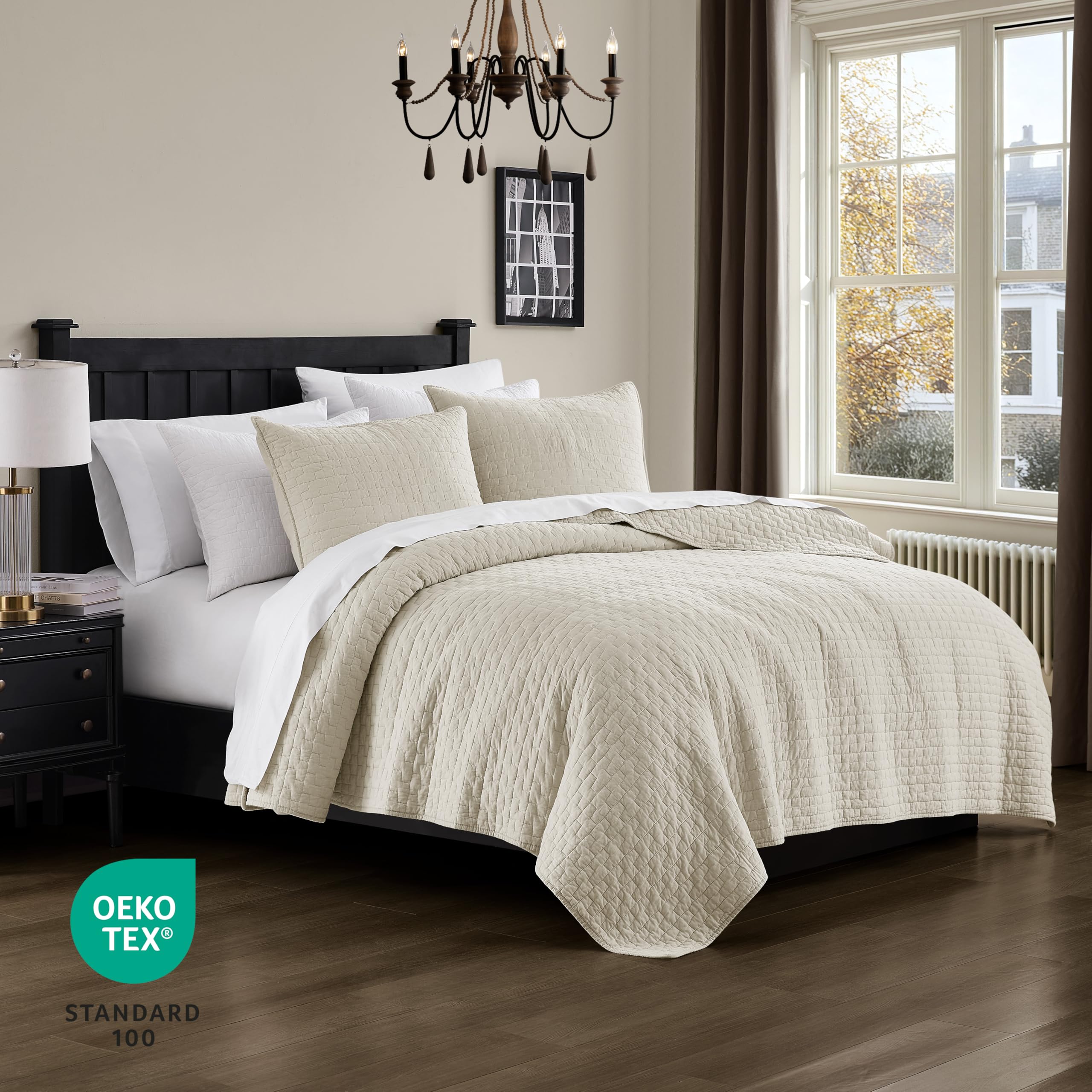 palassio Beige 100% Cotton Quilt King Size Bedding Sets with 2 Pillow Shams, Textured Lightweight Soft Bedspread Shabby Chic Coverlet, Neutral Quilted Comforter Bed Cover for All Season, 3 Pieces