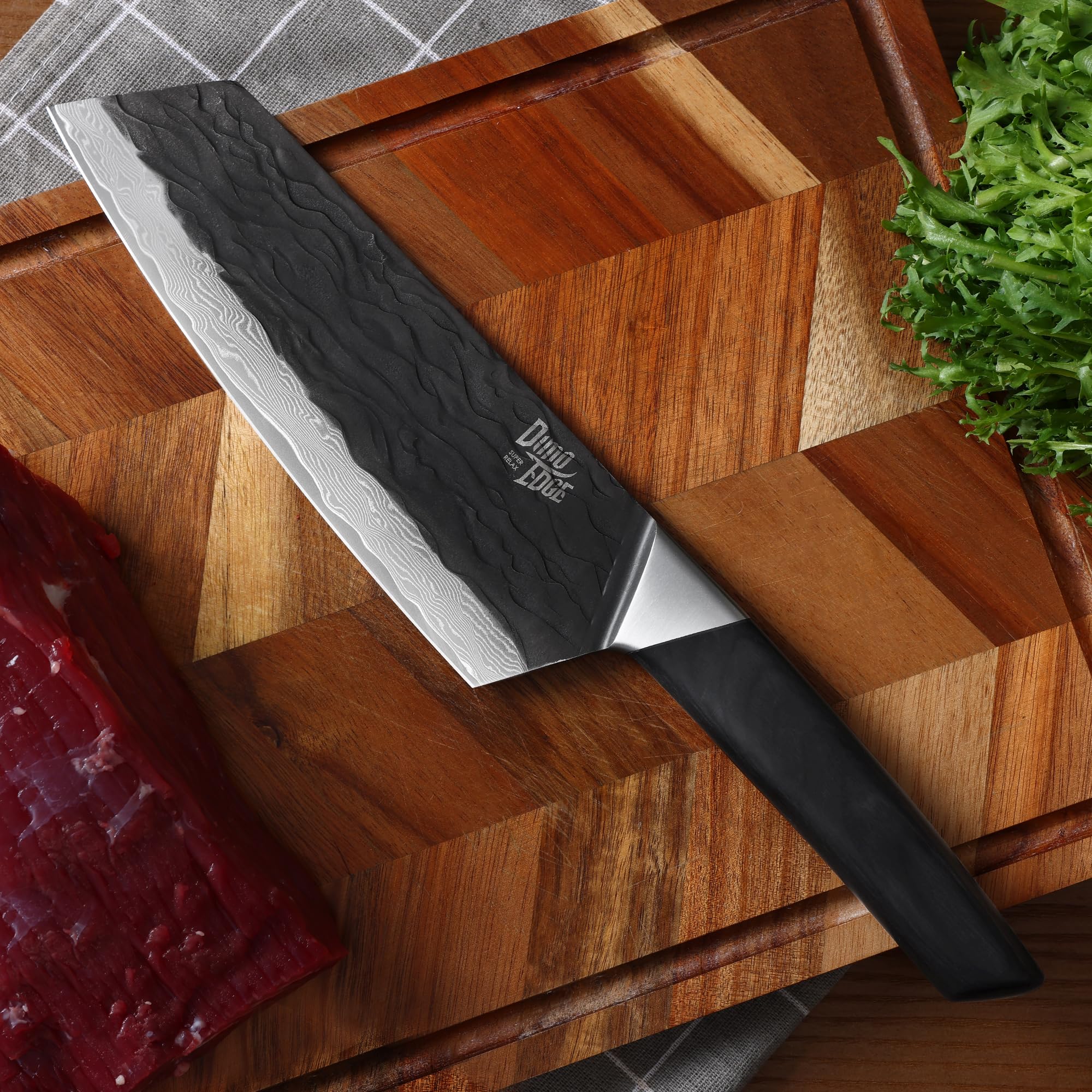 Couteau de chef Damas, 17,8 cm Couteau japonais aiguisé avec lame martelée et manche en pakkawood, couteau bunka professionnel avec coffret cadeau, noir